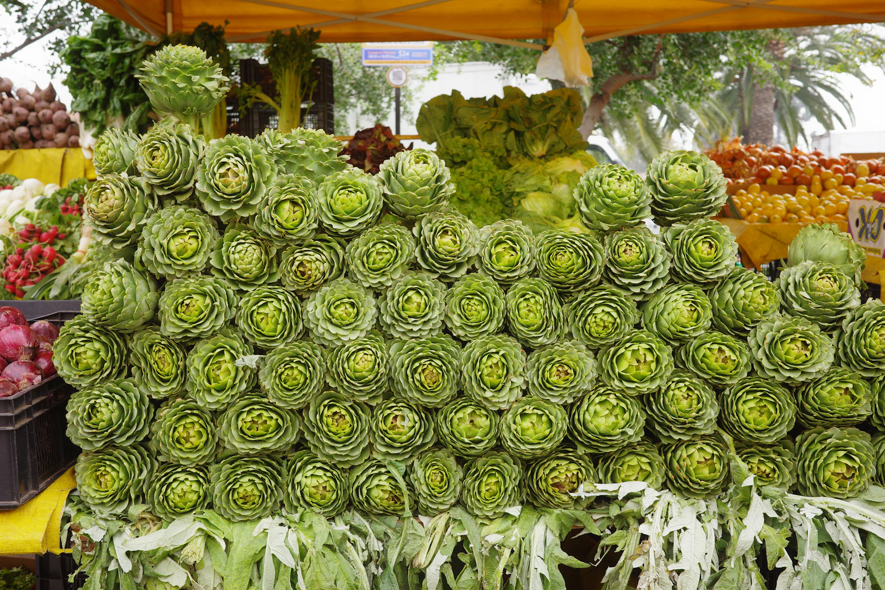 a display of artichokes in a van