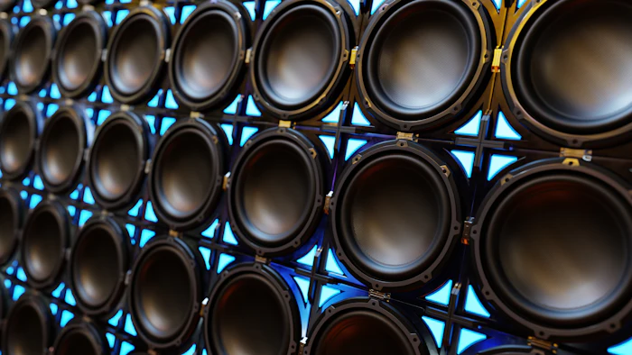 Wall of speakers lit in blue