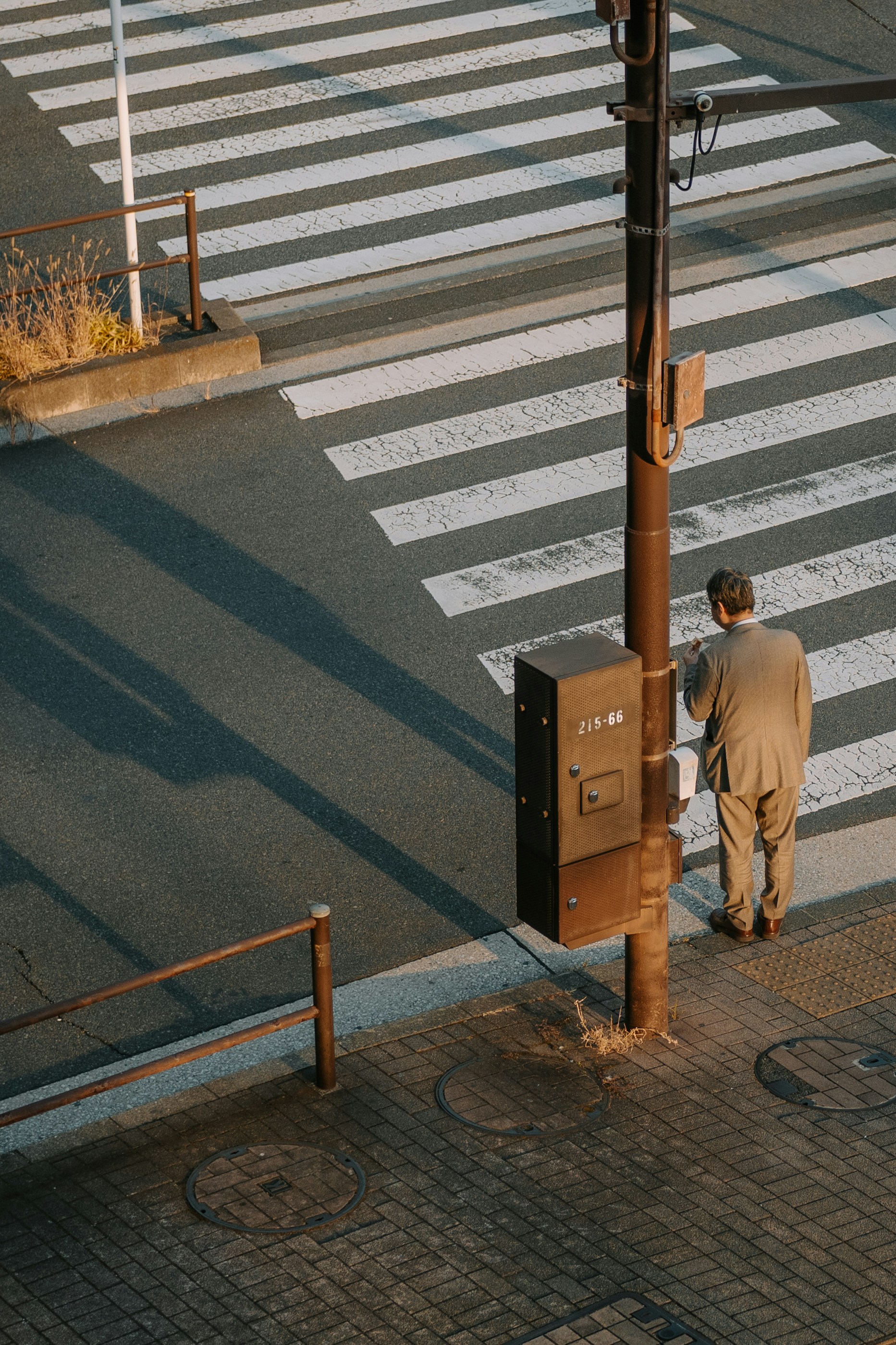 Photo of Man standing at a crosswalk near a traffic light pole by Takashi S