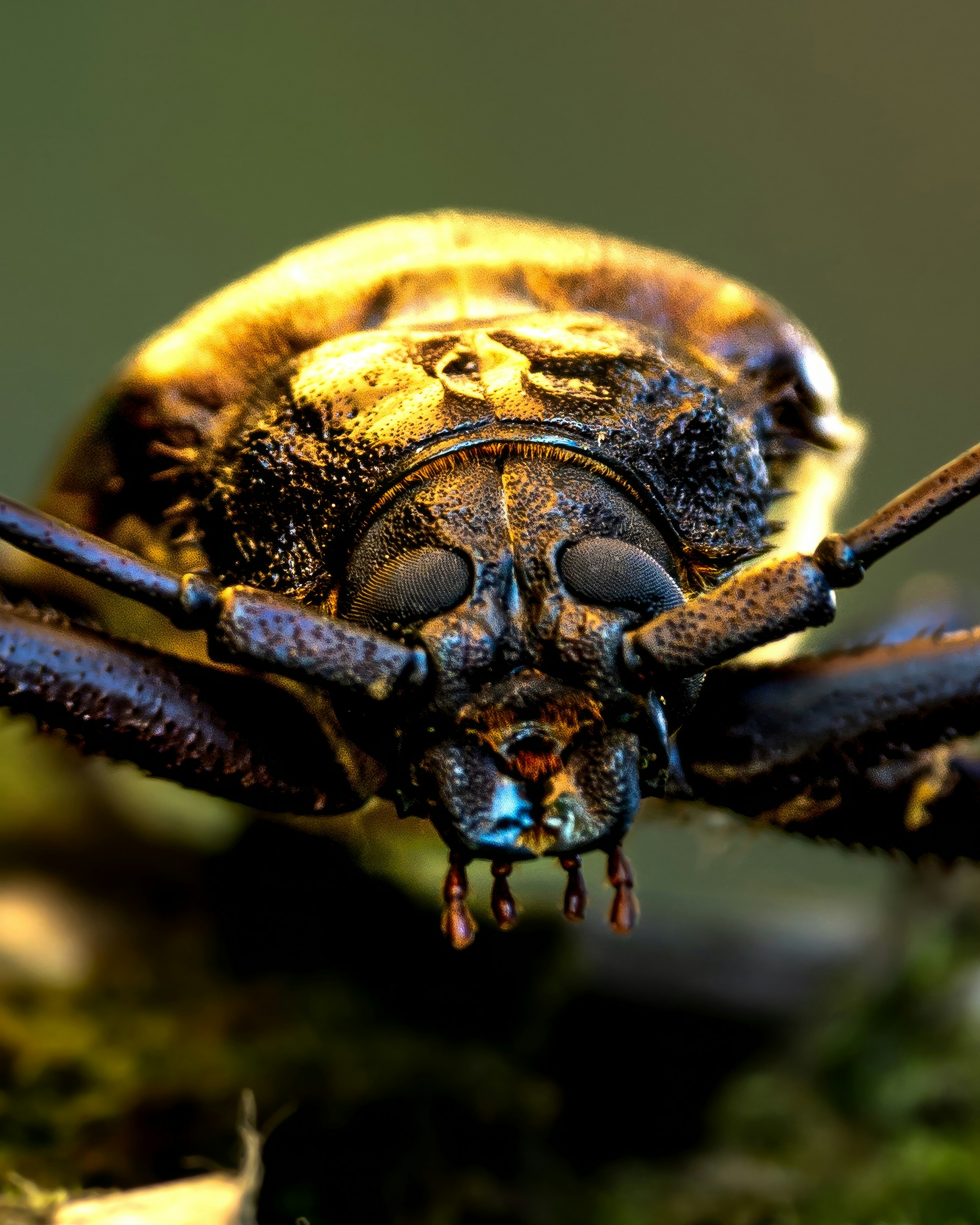 Macro extreme close-up of a longhorn beetle resting on a surface, highlighting its intricate antennae, textured exoskeleton, and detailed patterns, revealing the fascinating complexity of this woodland insect.