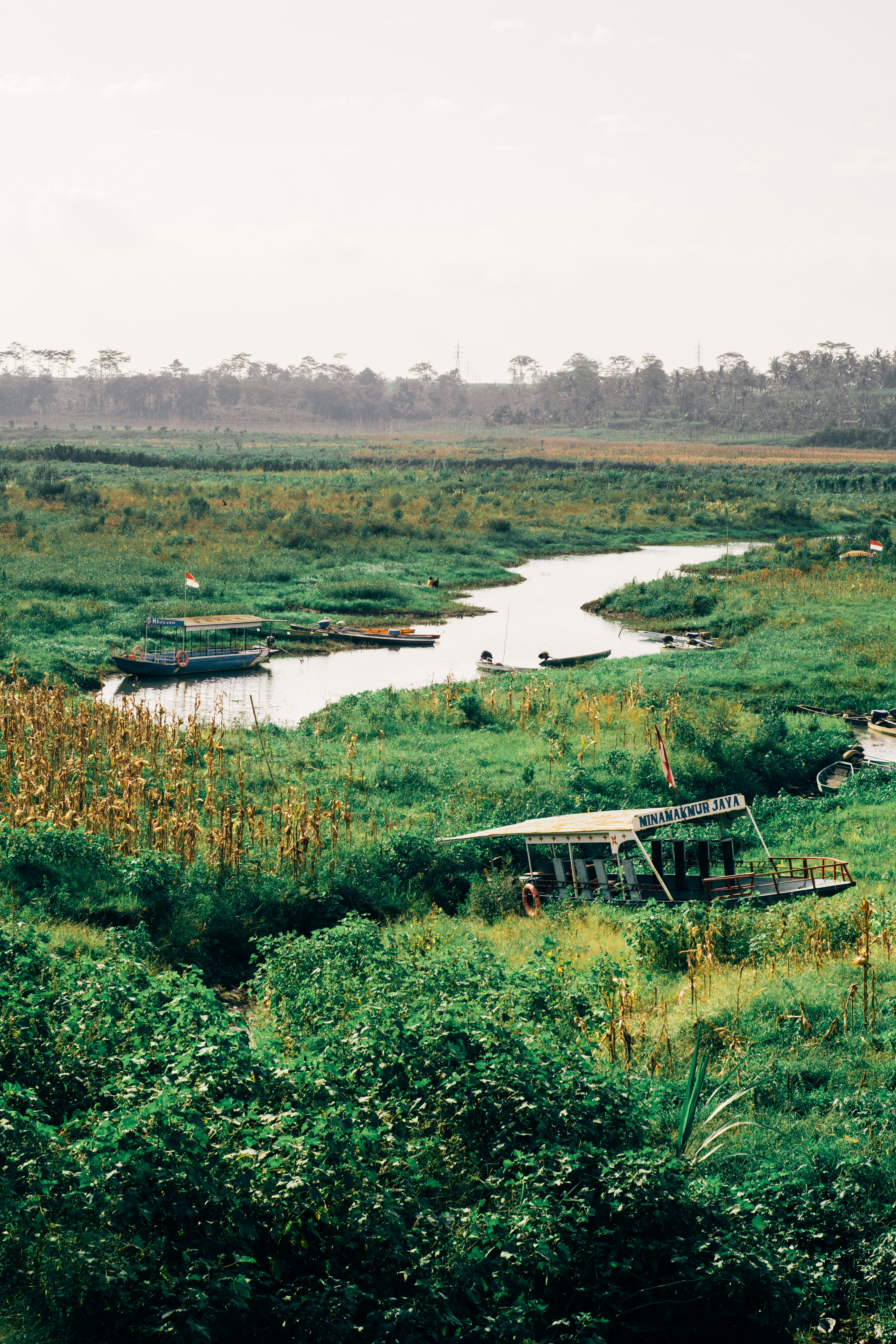 Boats rest in a lush green river delta landscape.