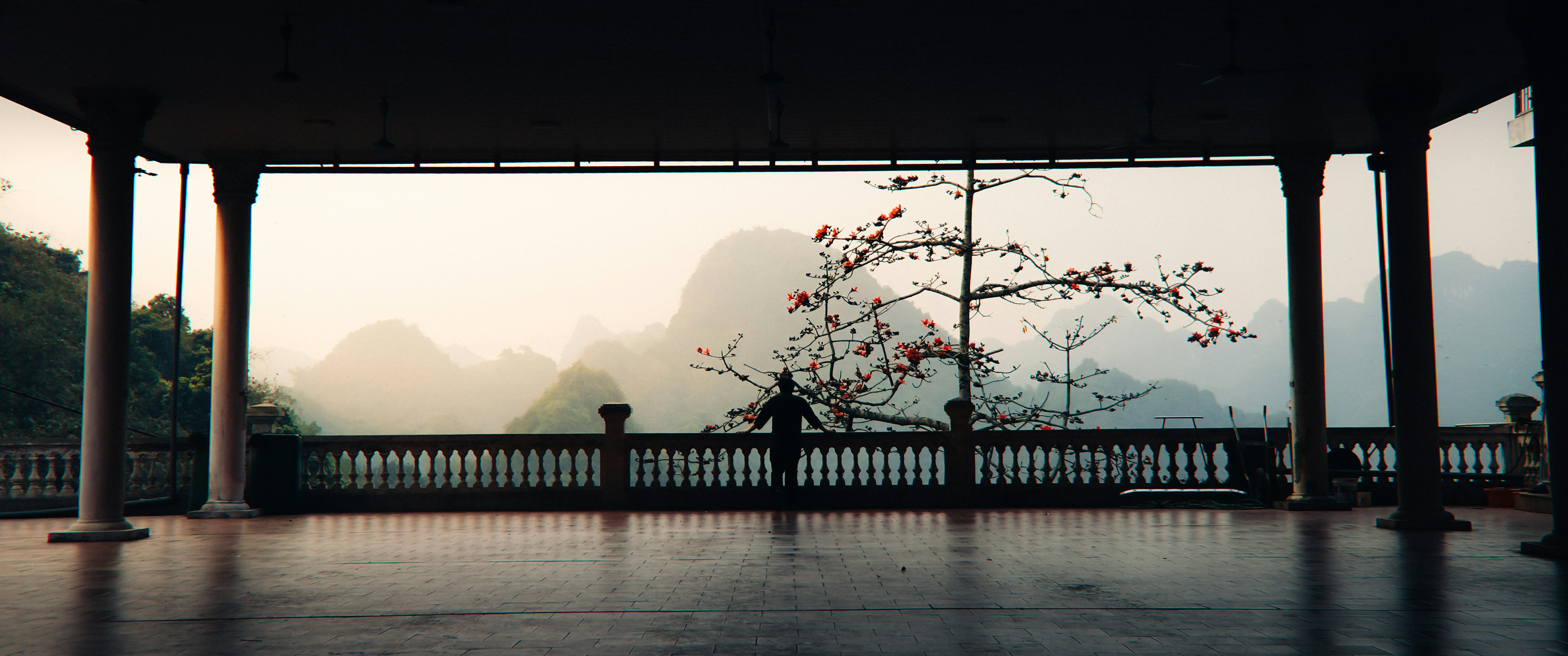 Person looking out at misty mountains from a pavilion.