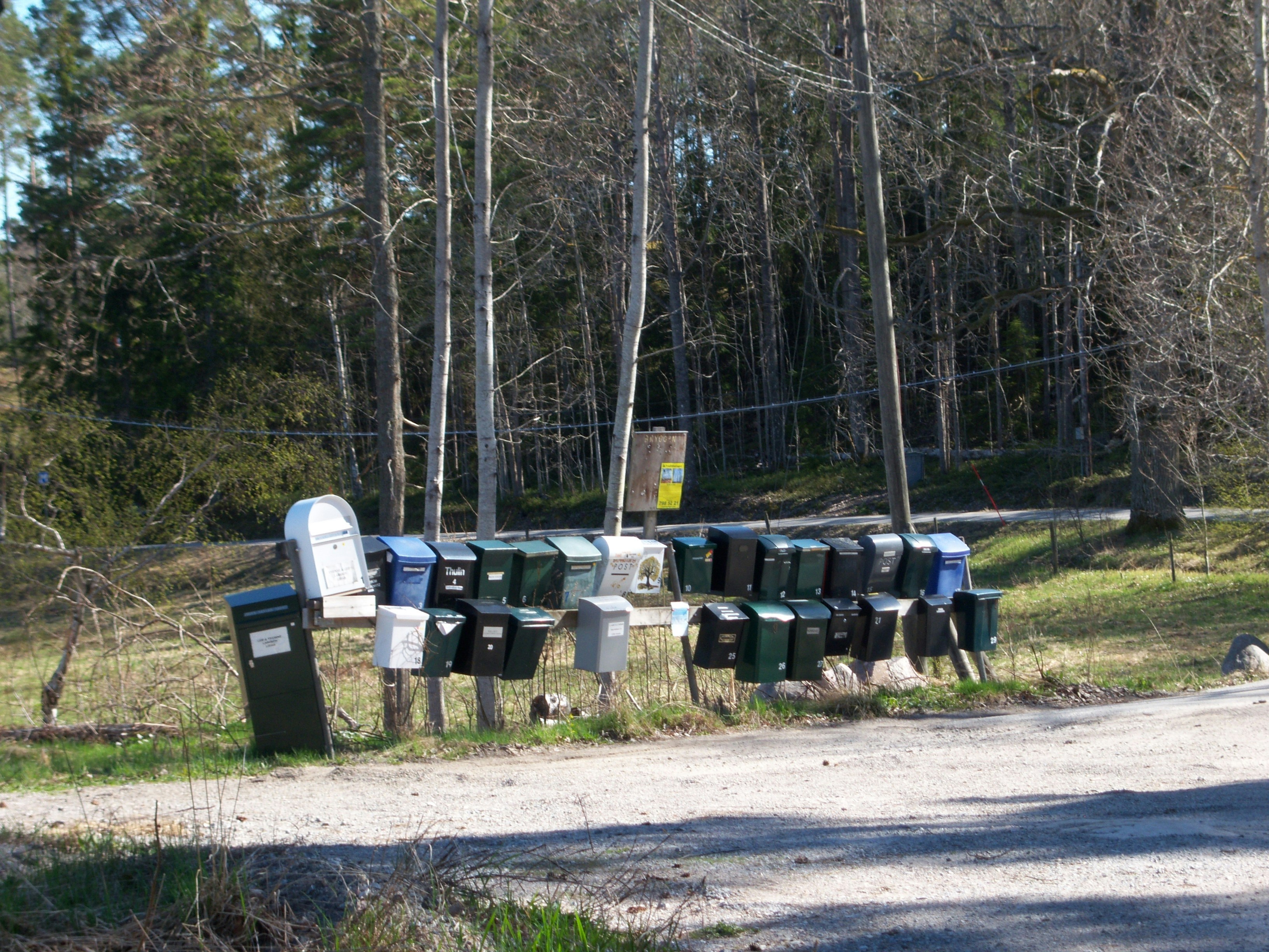 Row of mailboxes on a rural road