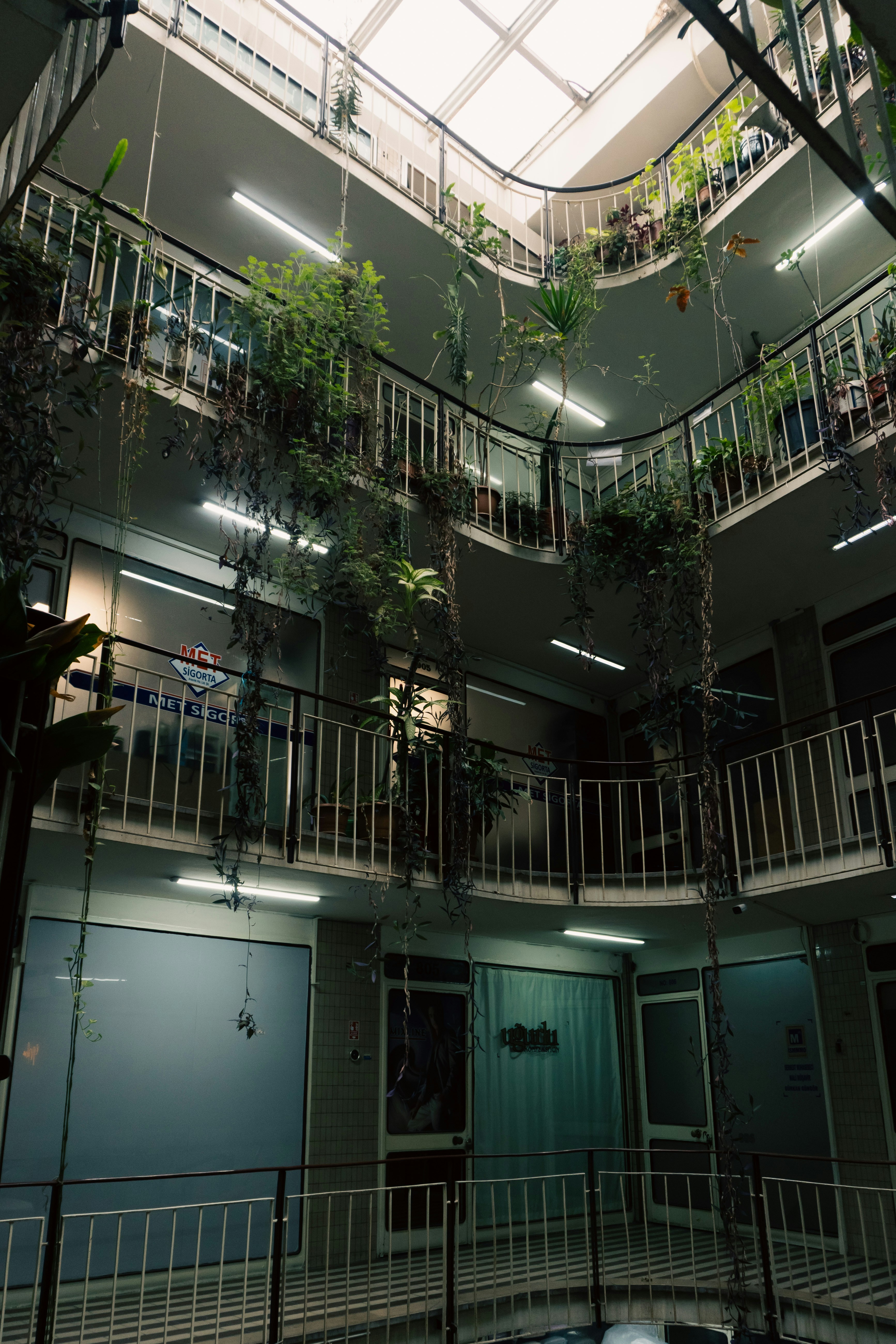 Interior courtyard with balconies and lush green plants