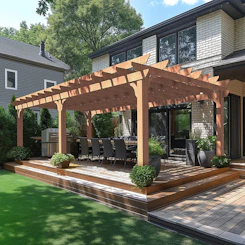 Wooden pergola covers outdoor dining area with grill.