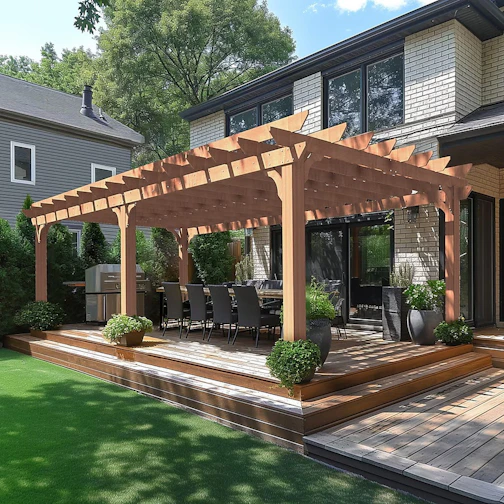 Wooden pergola covers outdoor dining area with grill.