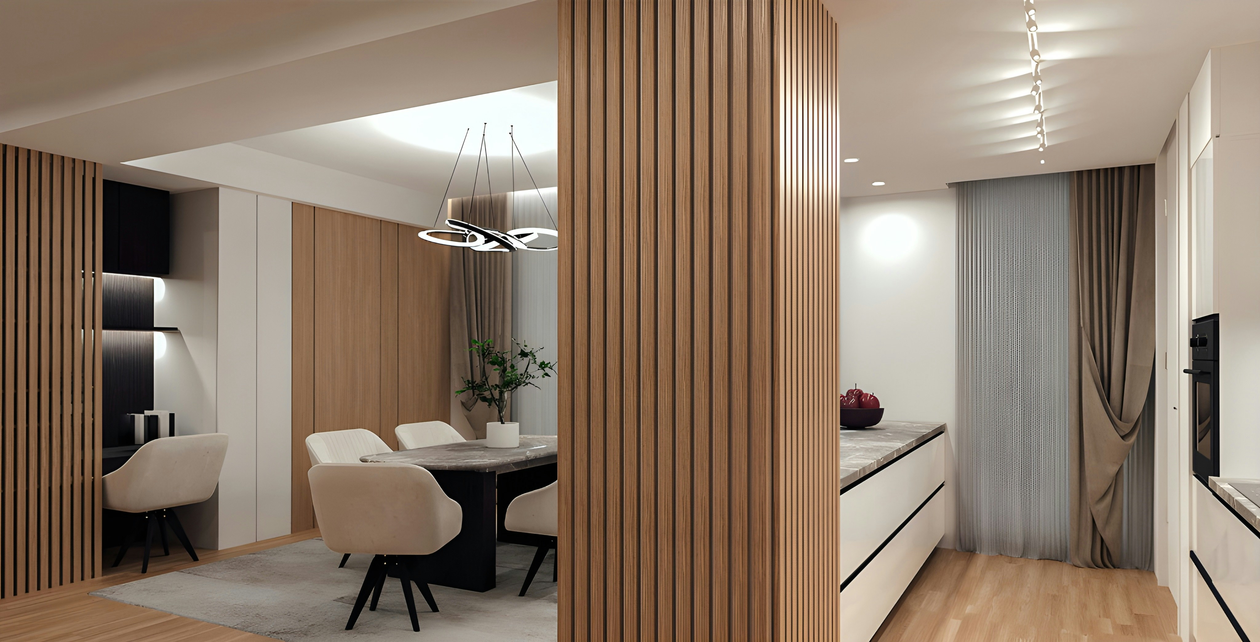 Modern dining room and kitchen area with wooden accents photo – Free ...