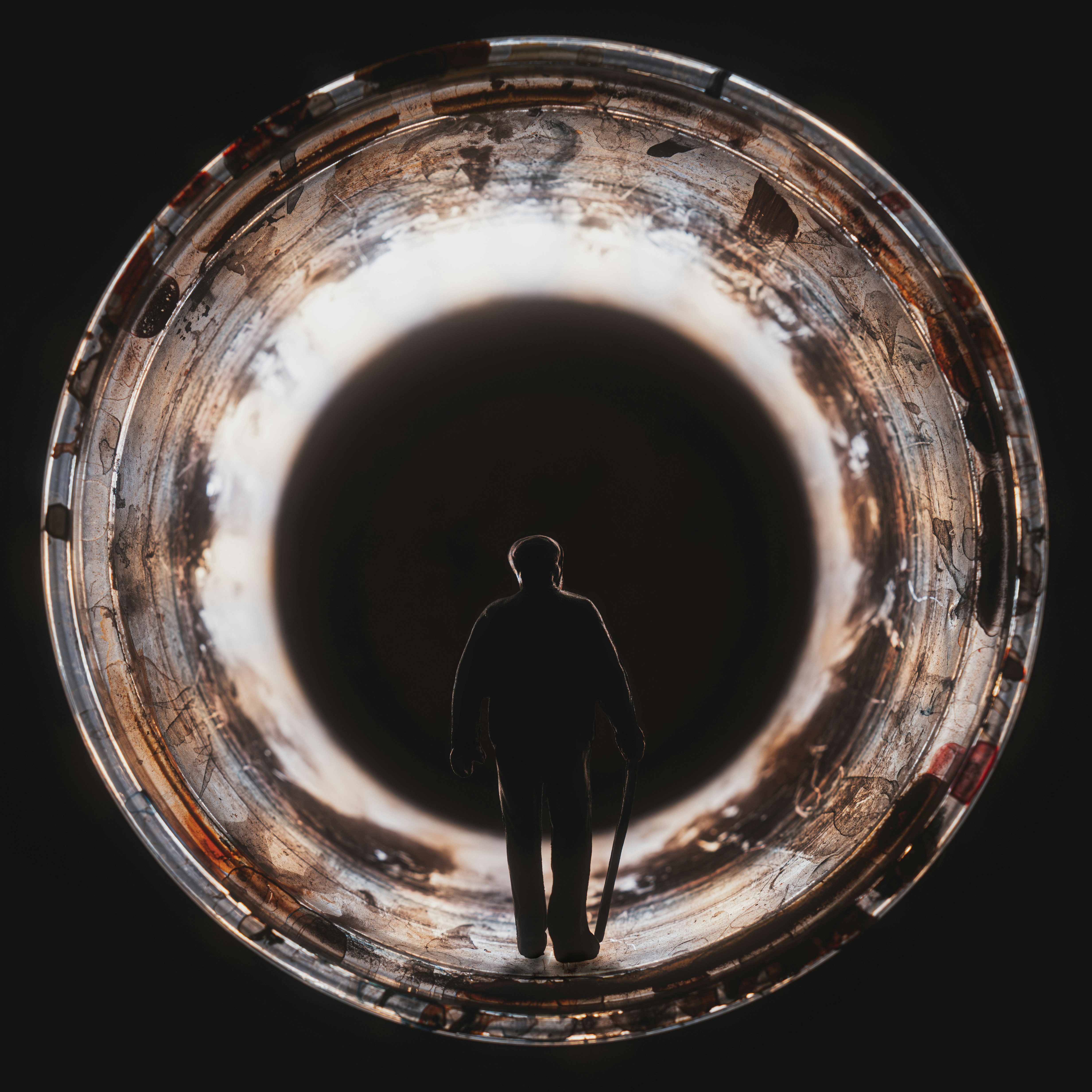 Silhouette of a person walking into a circular tunnel