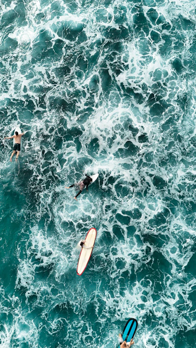 Surfers floating on surfboards in choppy ocean waves