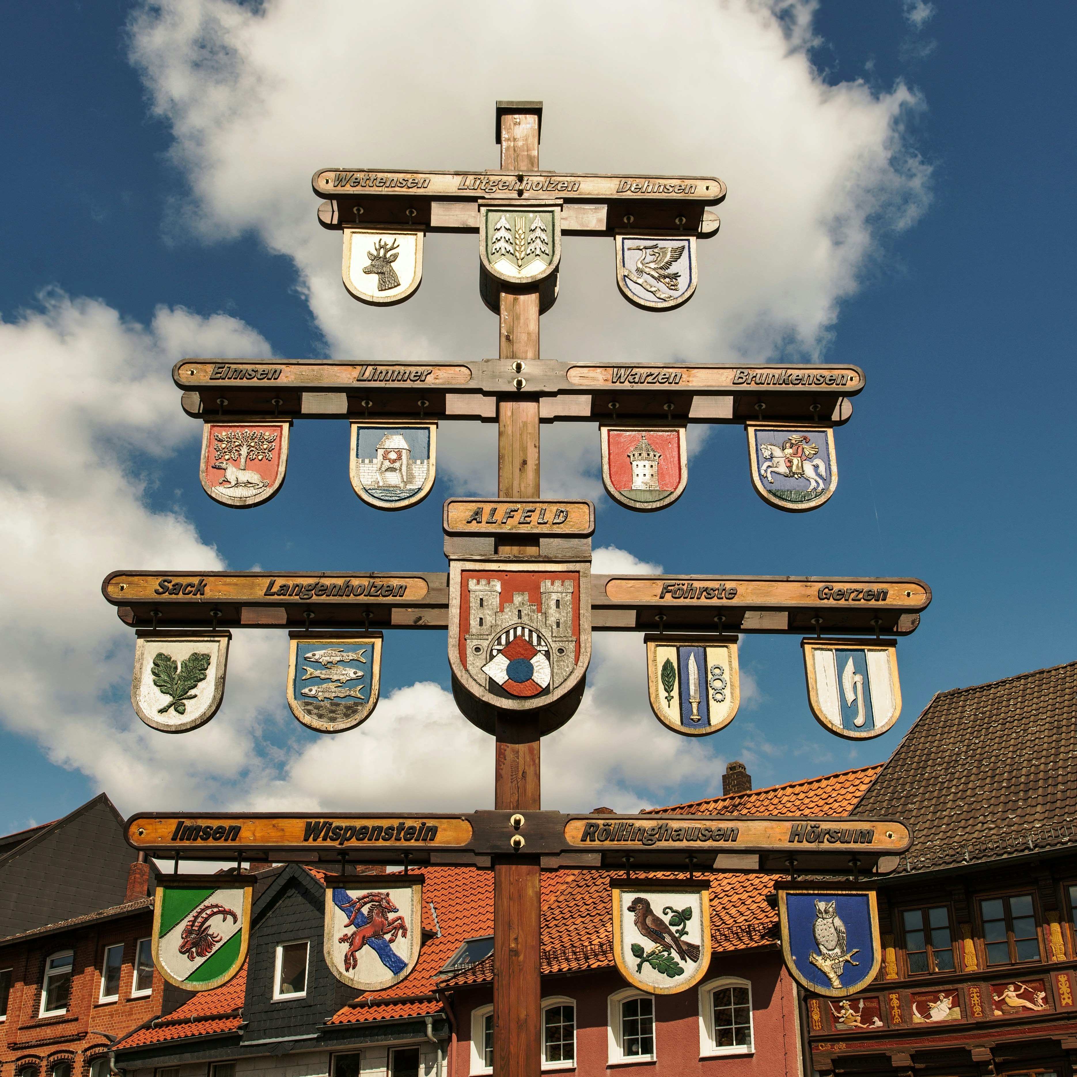 Wooden post with many heraldic shields and town names.