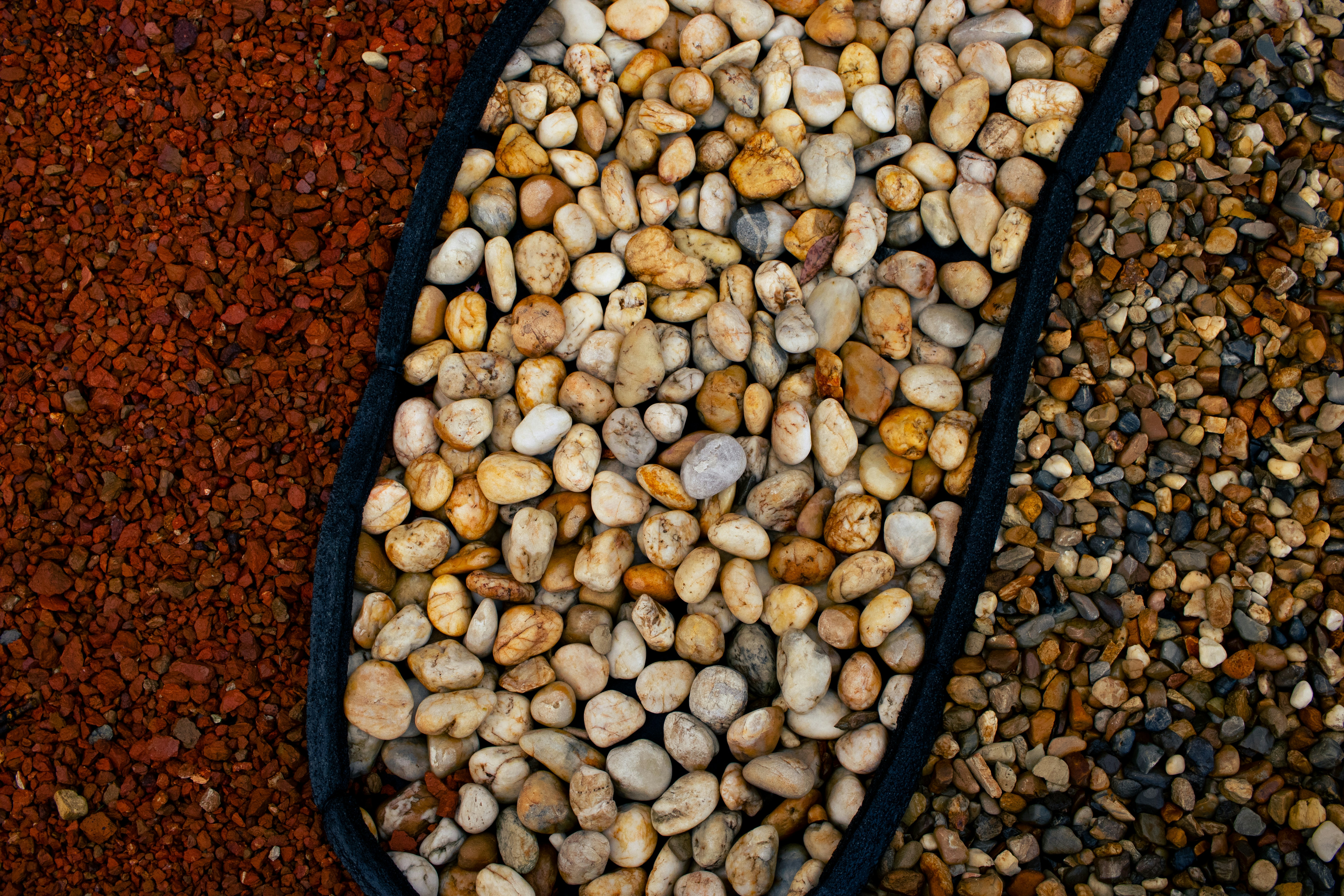Three different types of gravel and pebbles