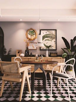 Dining area with wooden table and chairs