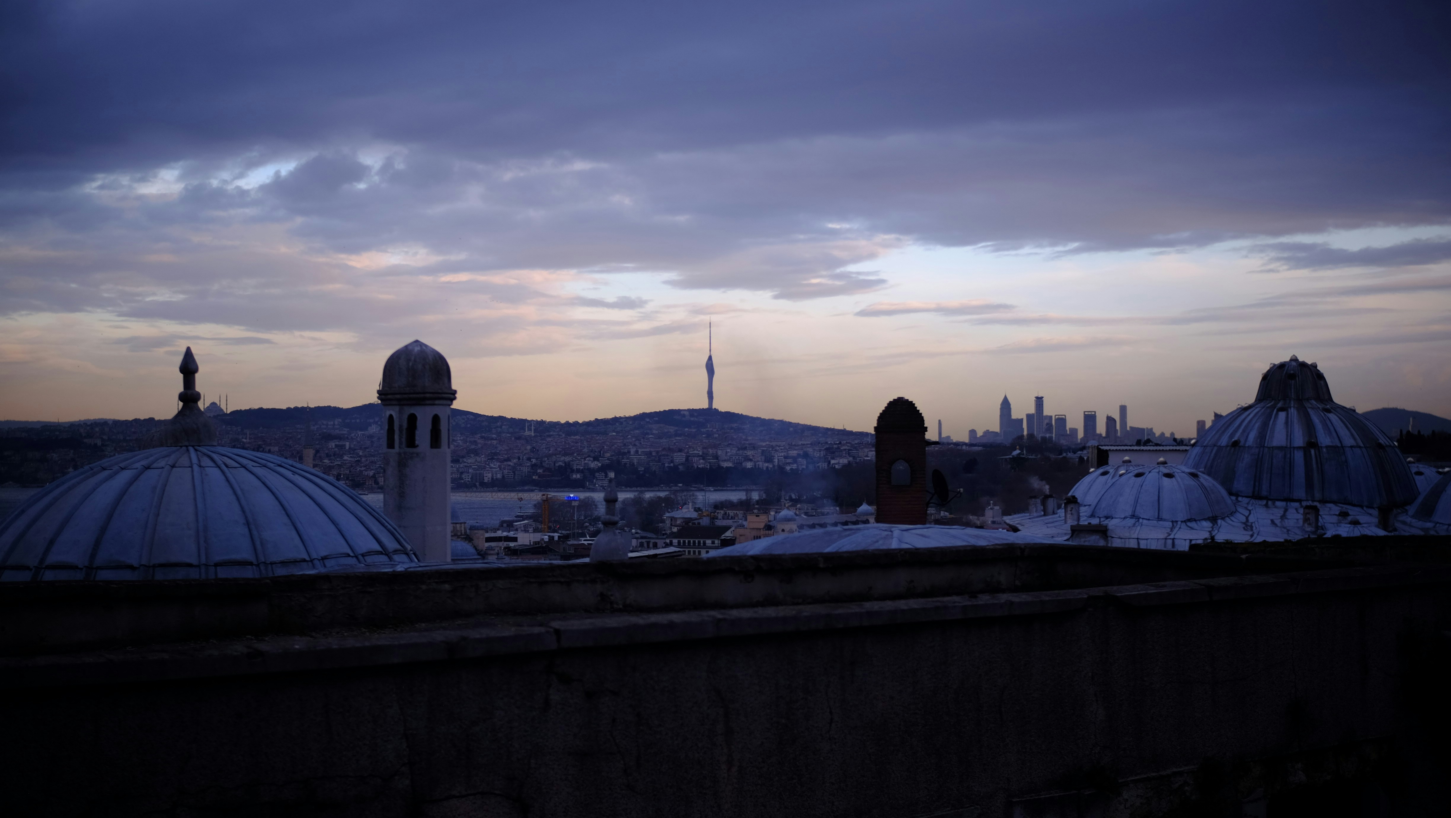 City skyline with domes at dusk