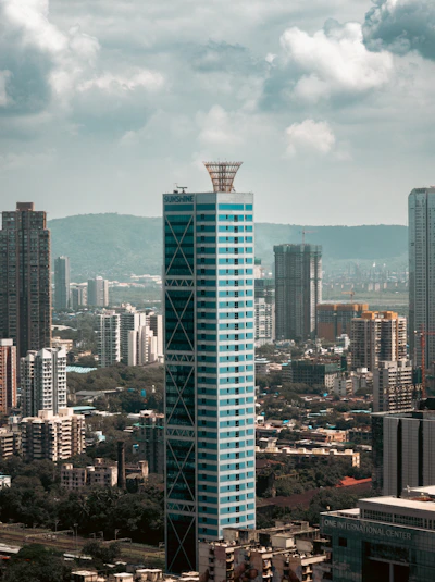 Modern skyscrapers in a bustling city skyline.