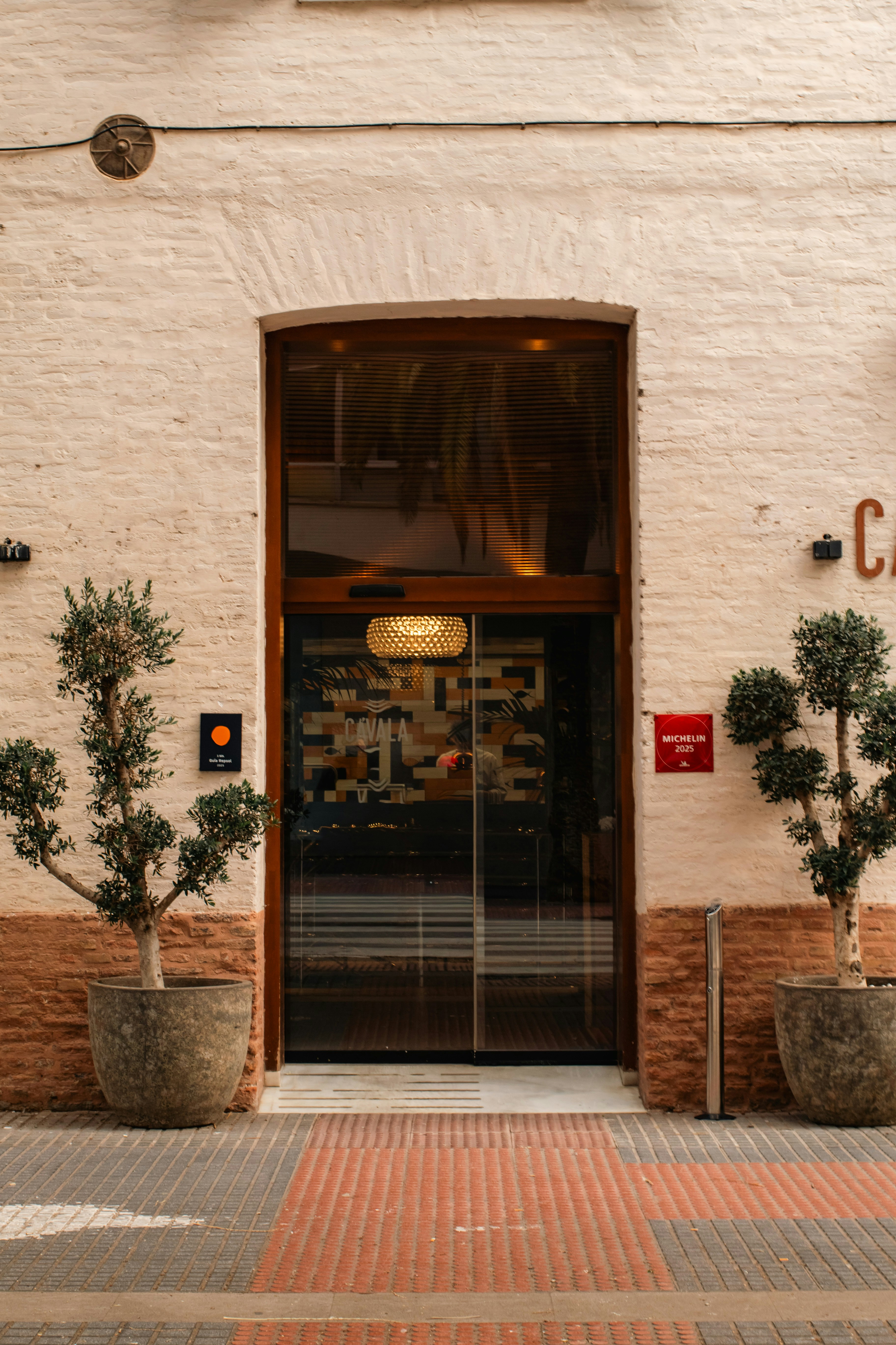 Eingang mit Glastüren und Topfbäumen