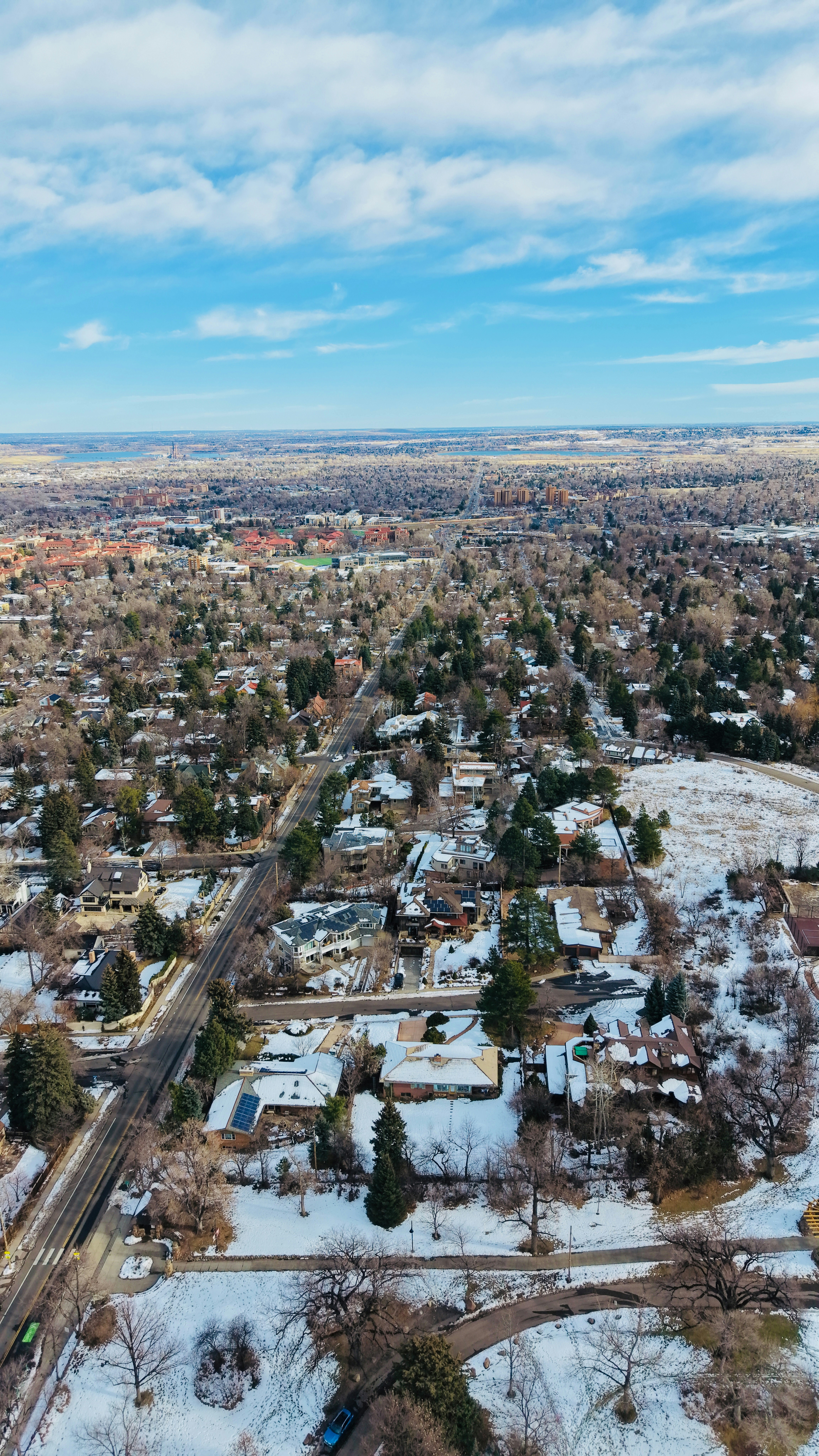 Aerial view of a snow-covered suburban neighborhood with trees.