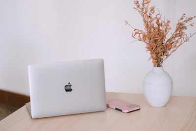 Laptop, phone, and dried flowers on a wooden desk.