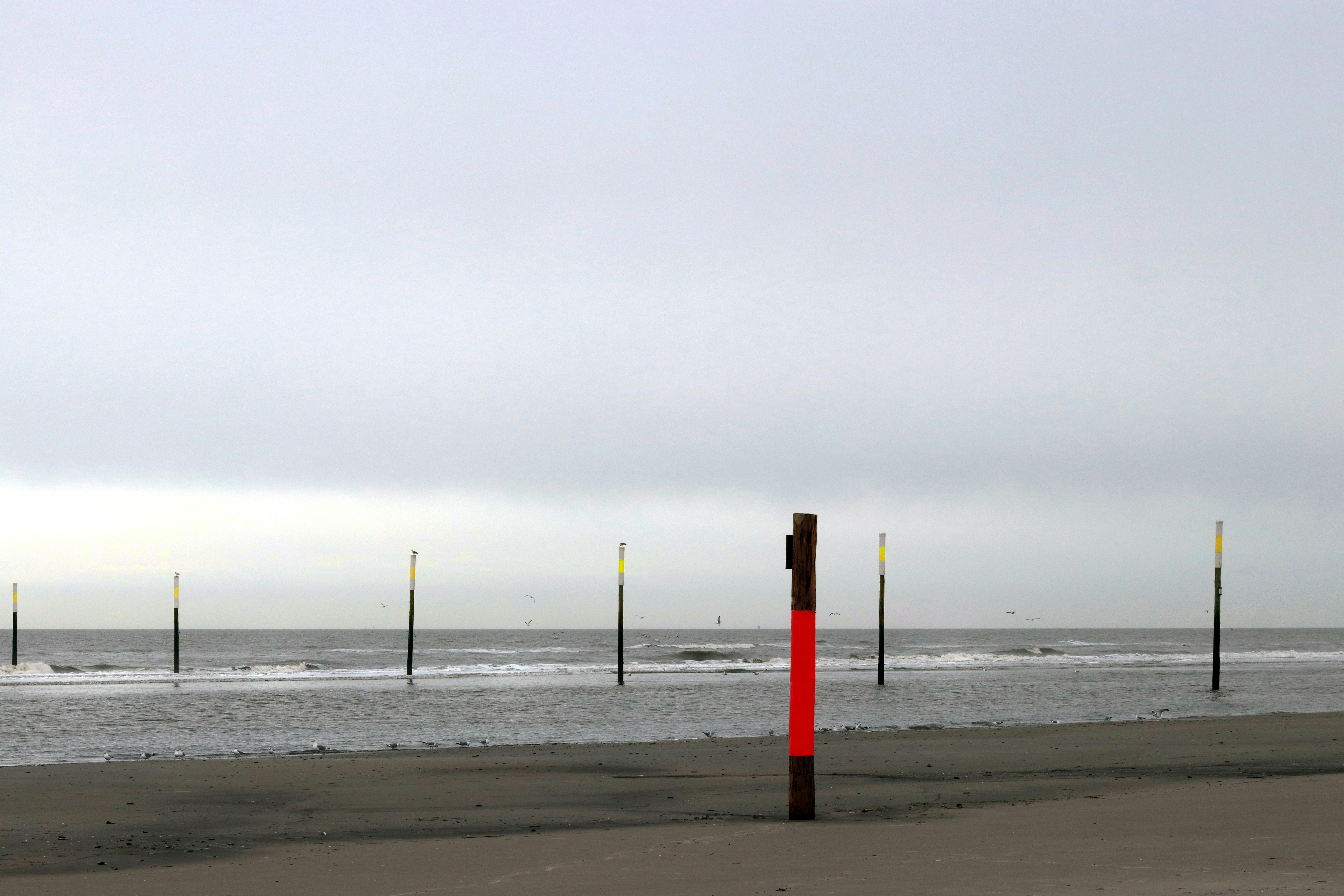 Posts in the water with a cloudy sky