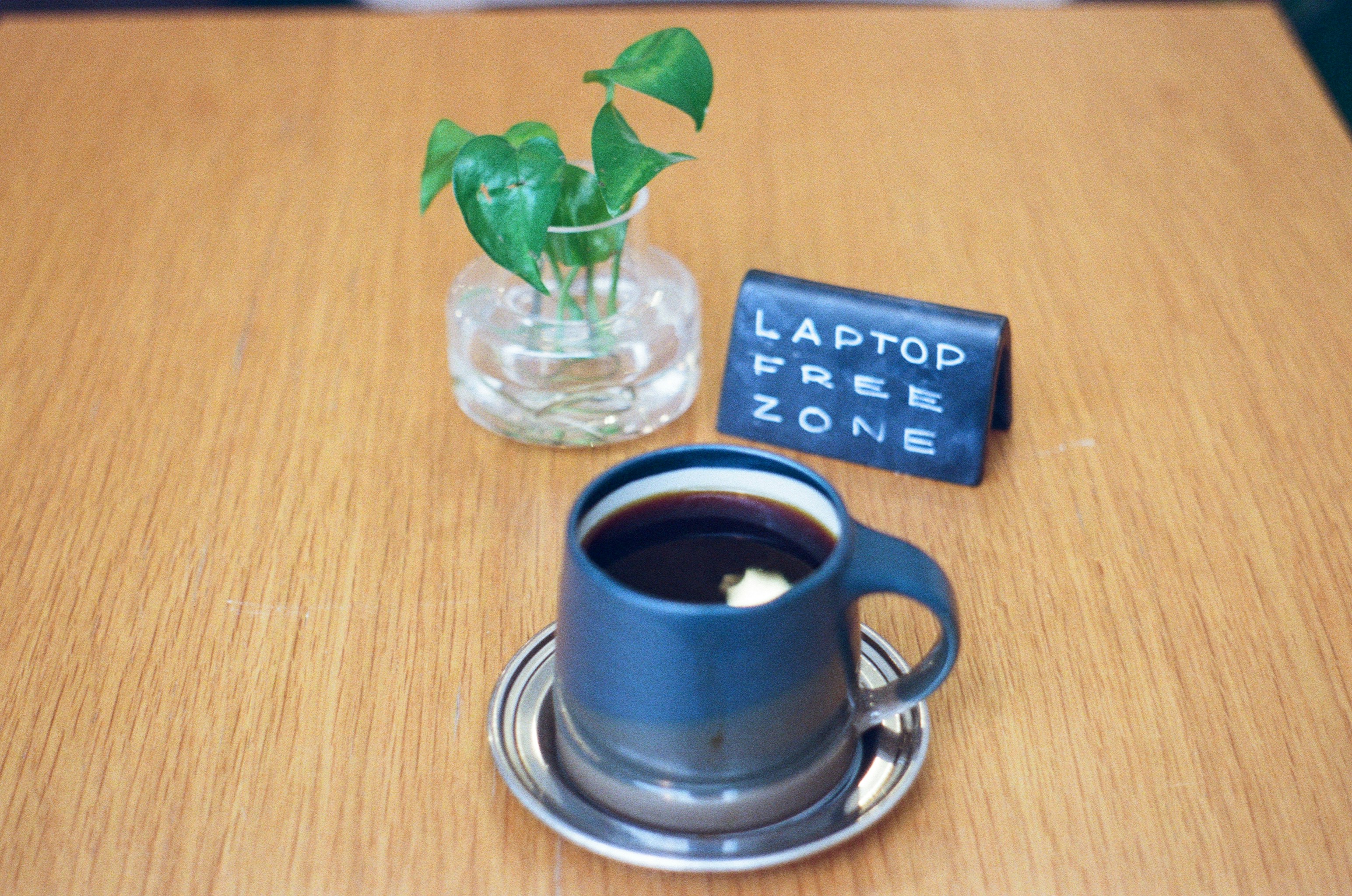 A mug of coffee with a plant and sign
