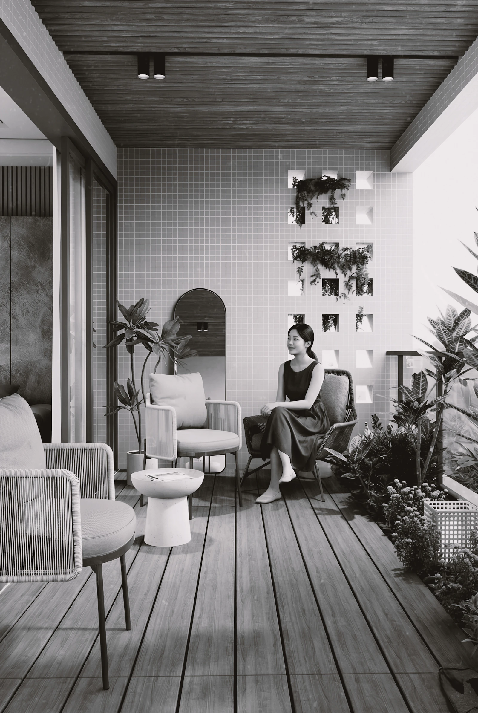 A balcony with plants and chairs