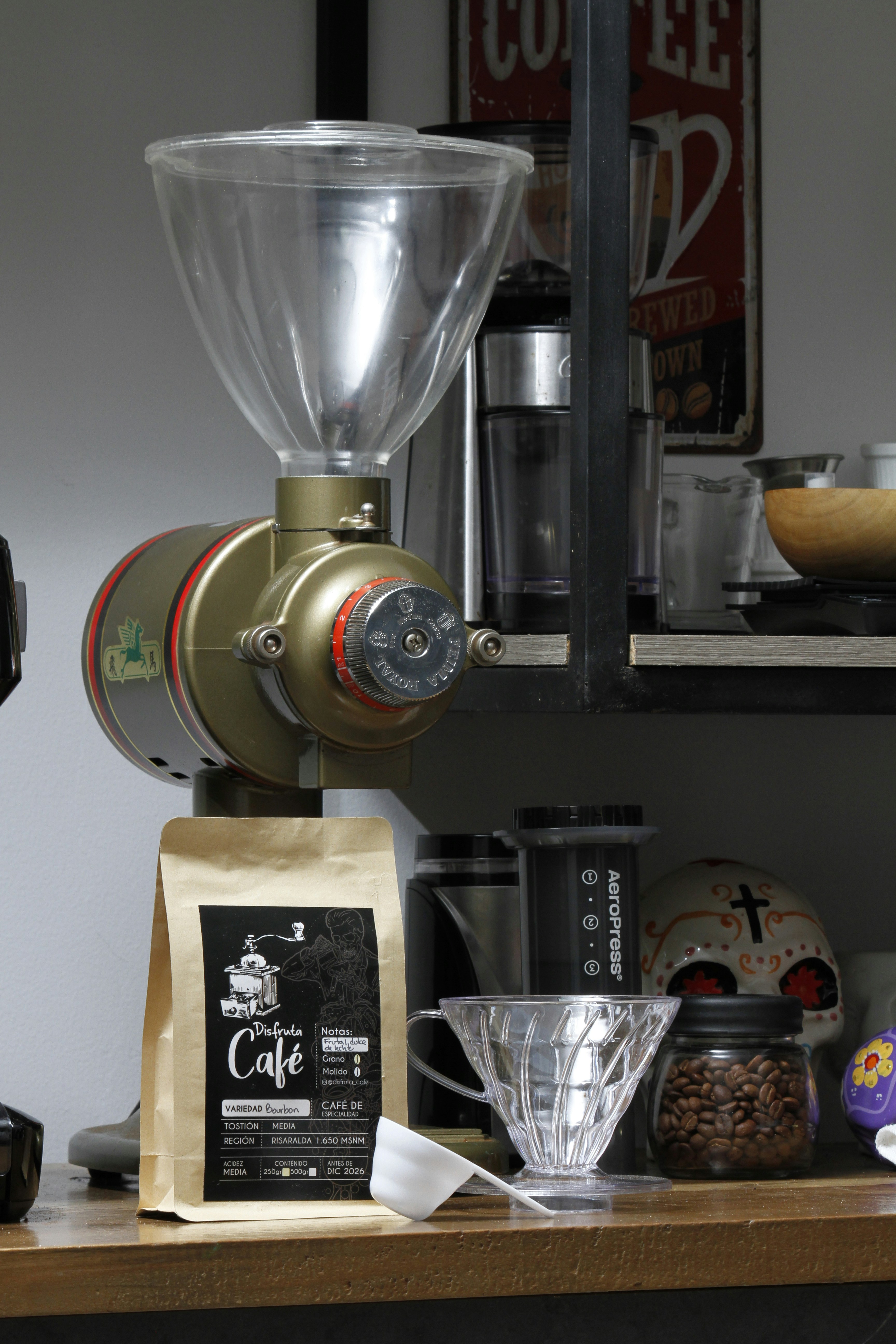 Coffee grinder with beans and brewing equipment