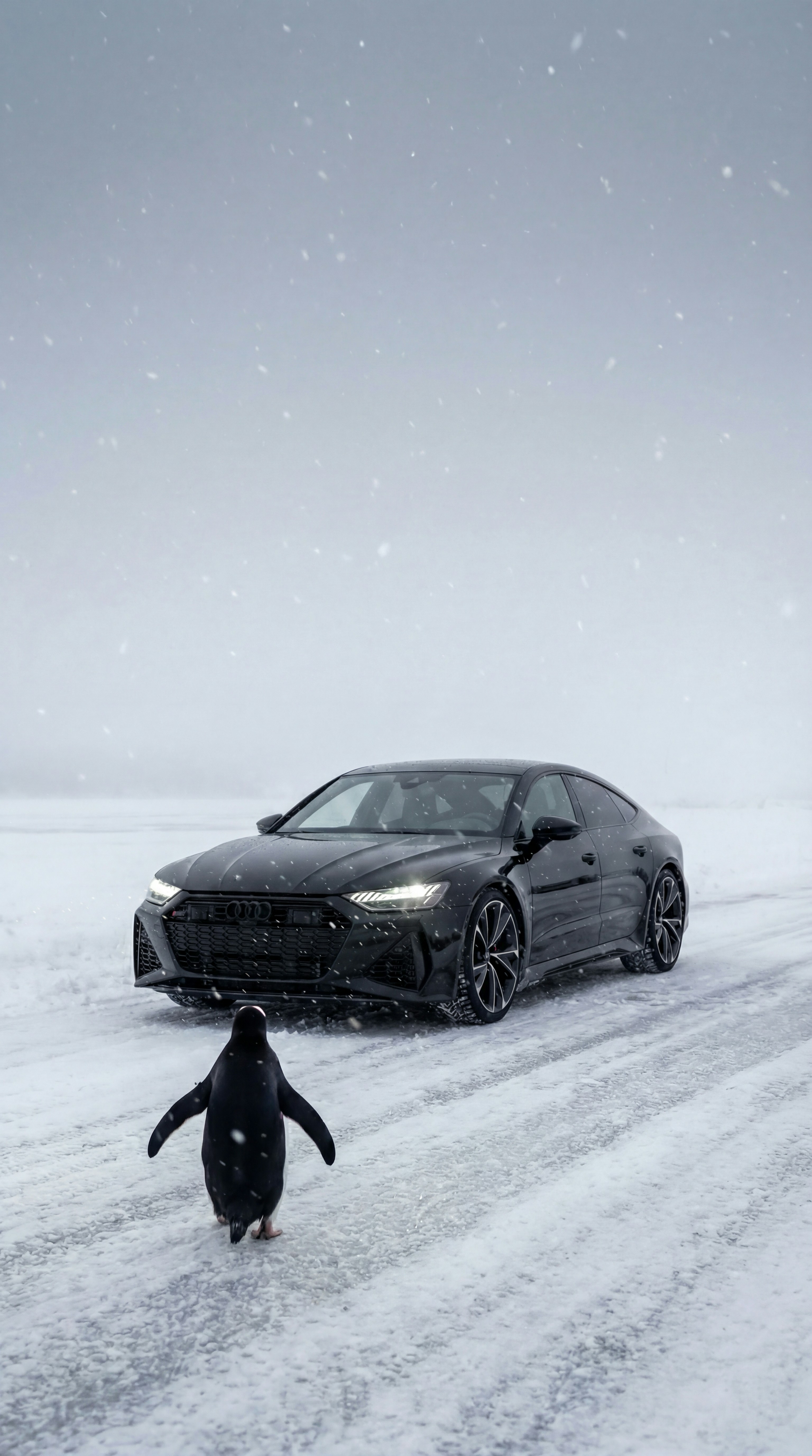 Ein Pinguin geht auf ein schwarzes Auto im Schnee zu.