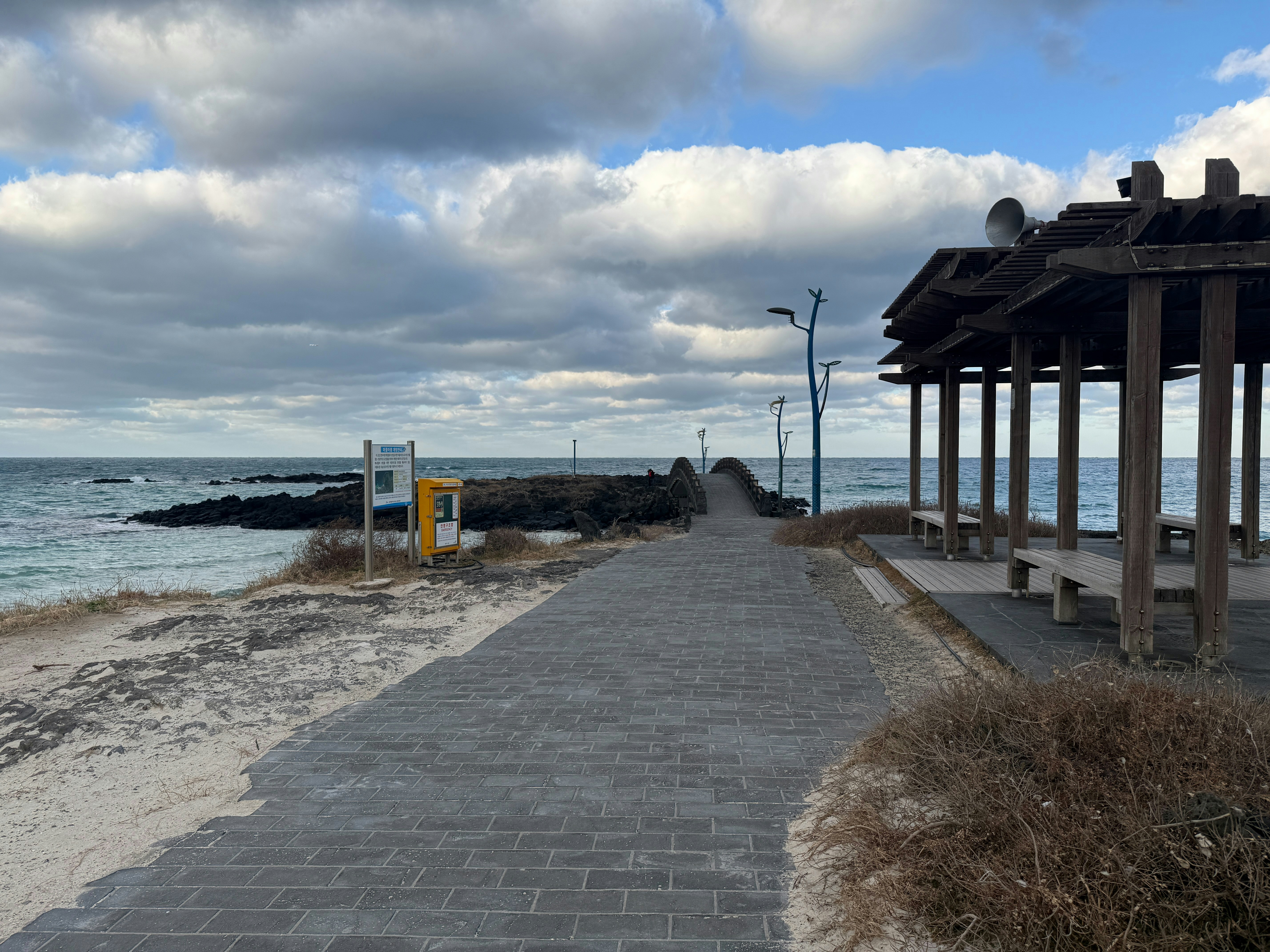 A paved walkway leads to a pier by the ocean