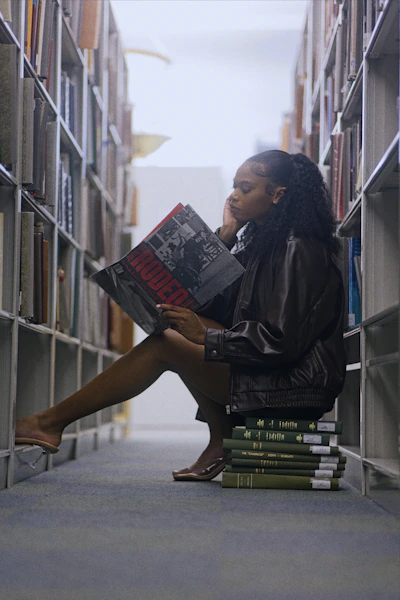 A young woman sits on books reading a magazine.