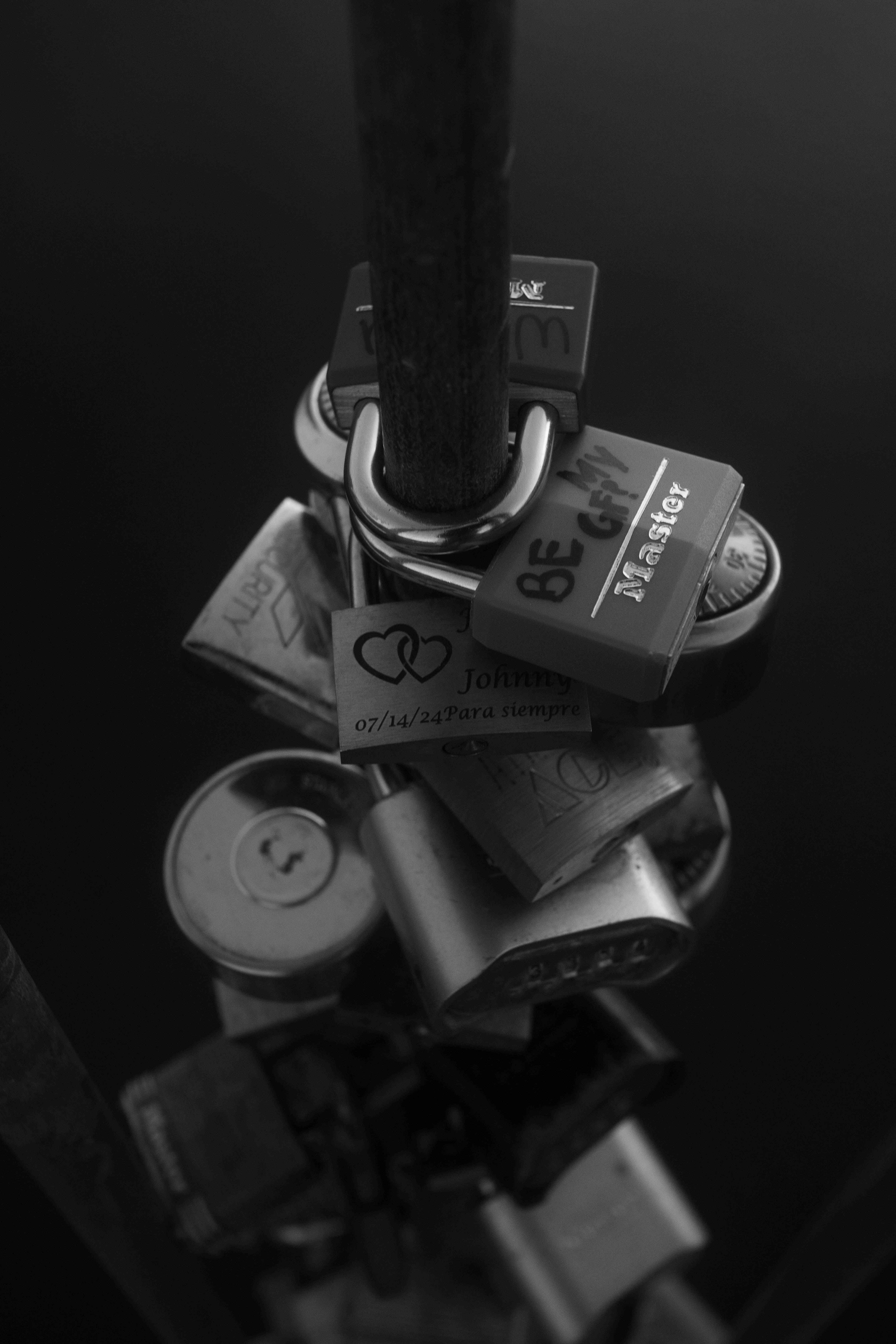 A cluster of love locks attached to a pole