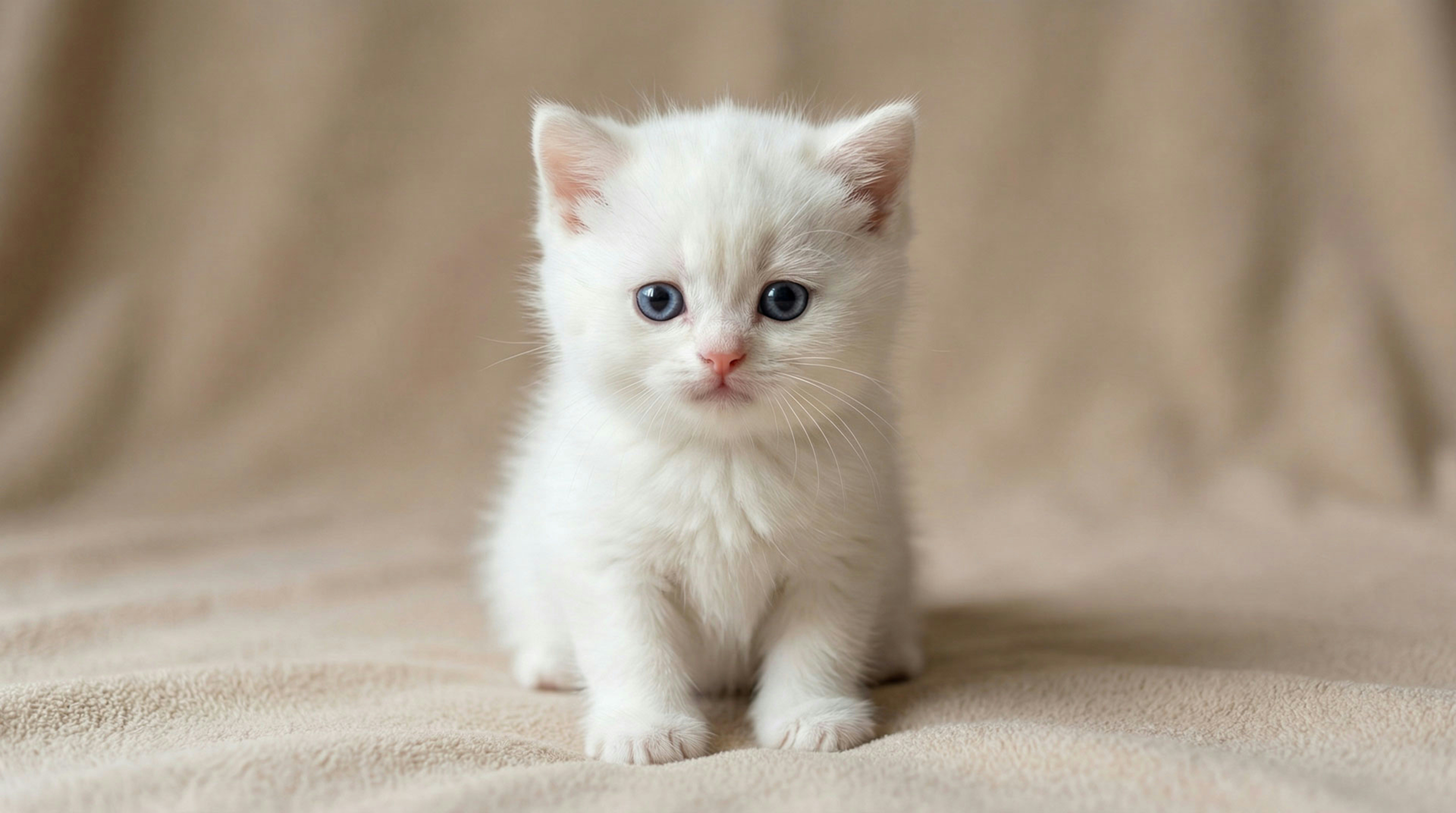 A fluffy white kitten sits on a neutral background.