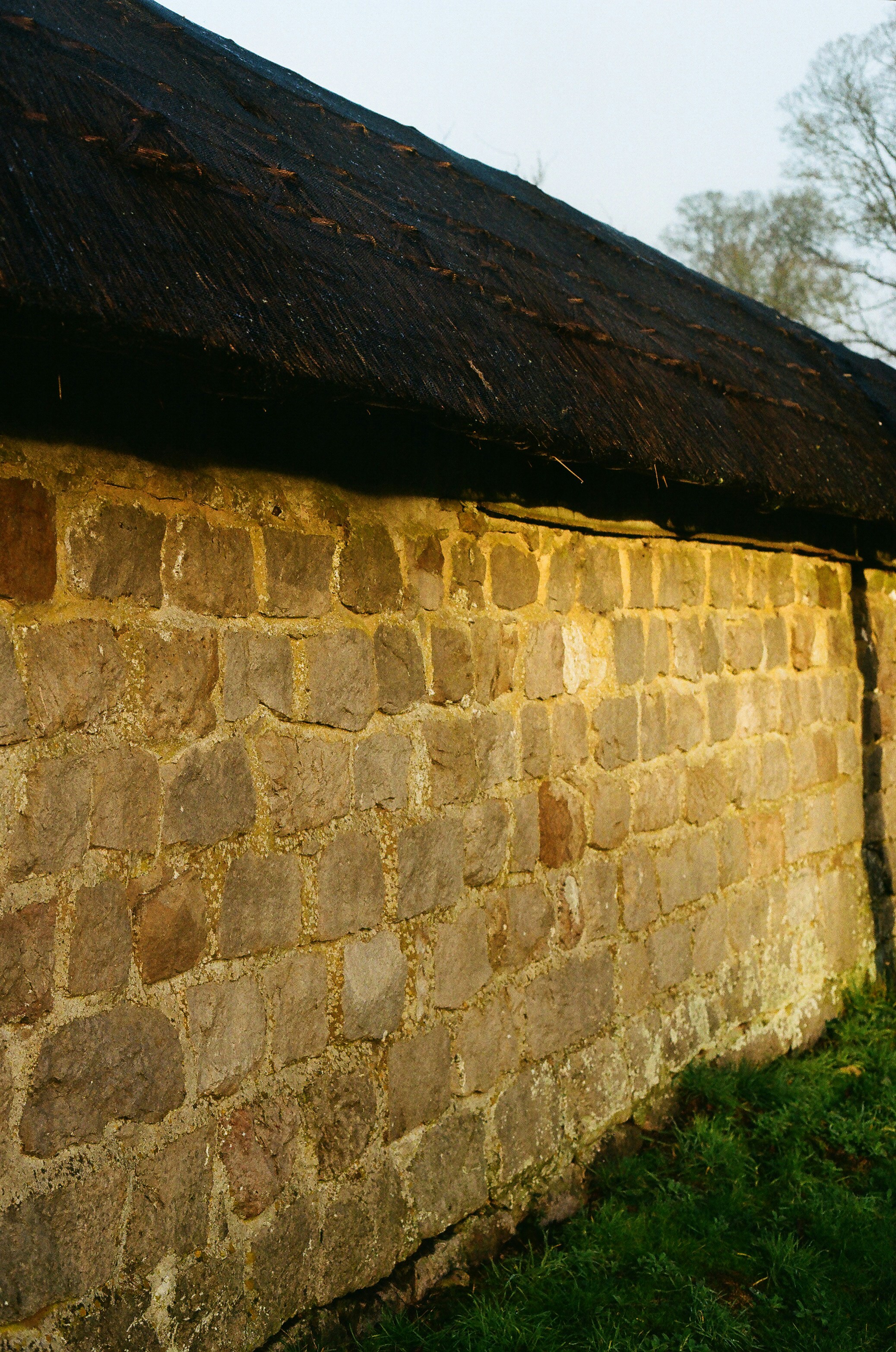 Stone wall with thatched roof and grass