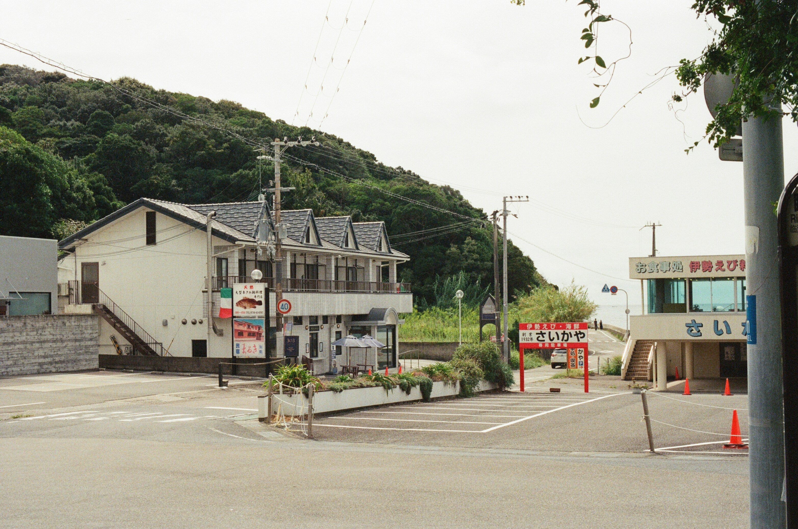 Buildings and a green hill by the sea