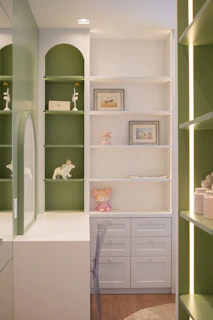 Modern shelving unit with decorative items and drawers