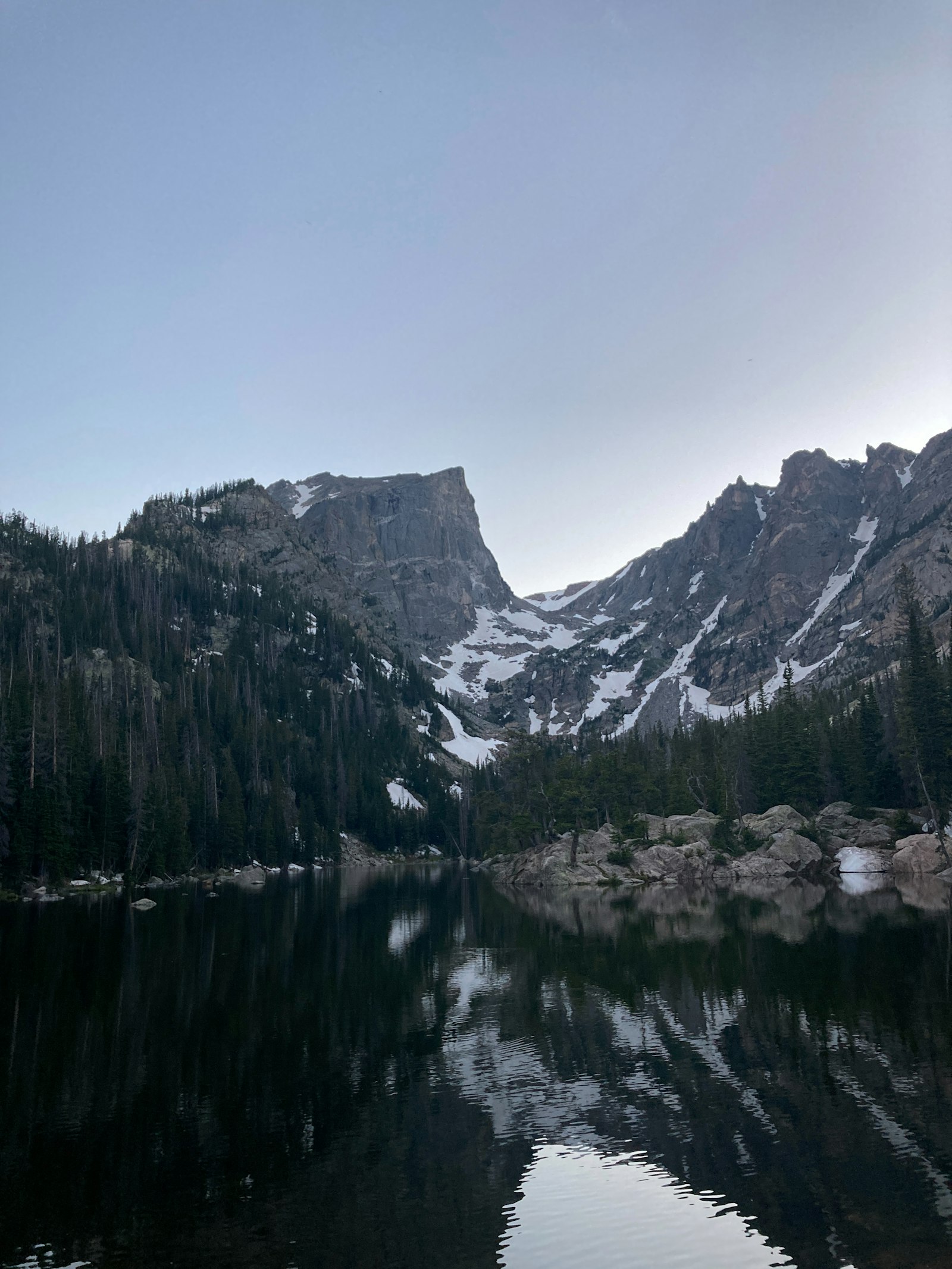 A mirror-still mountain lake at dawn reflecting a craggy peak, snowfields, and the pines along its shore