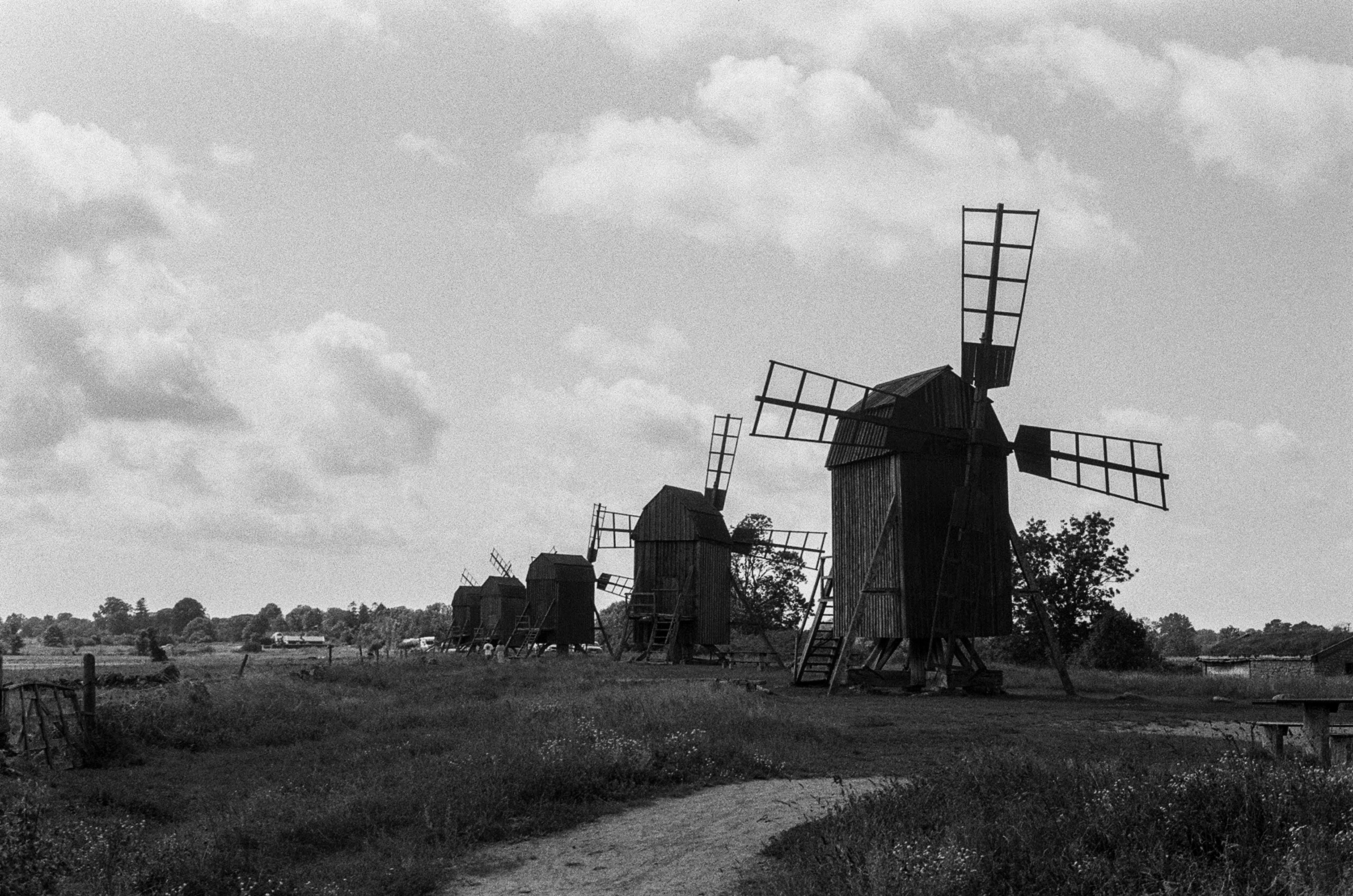 Row of historic windmills in a grassy field