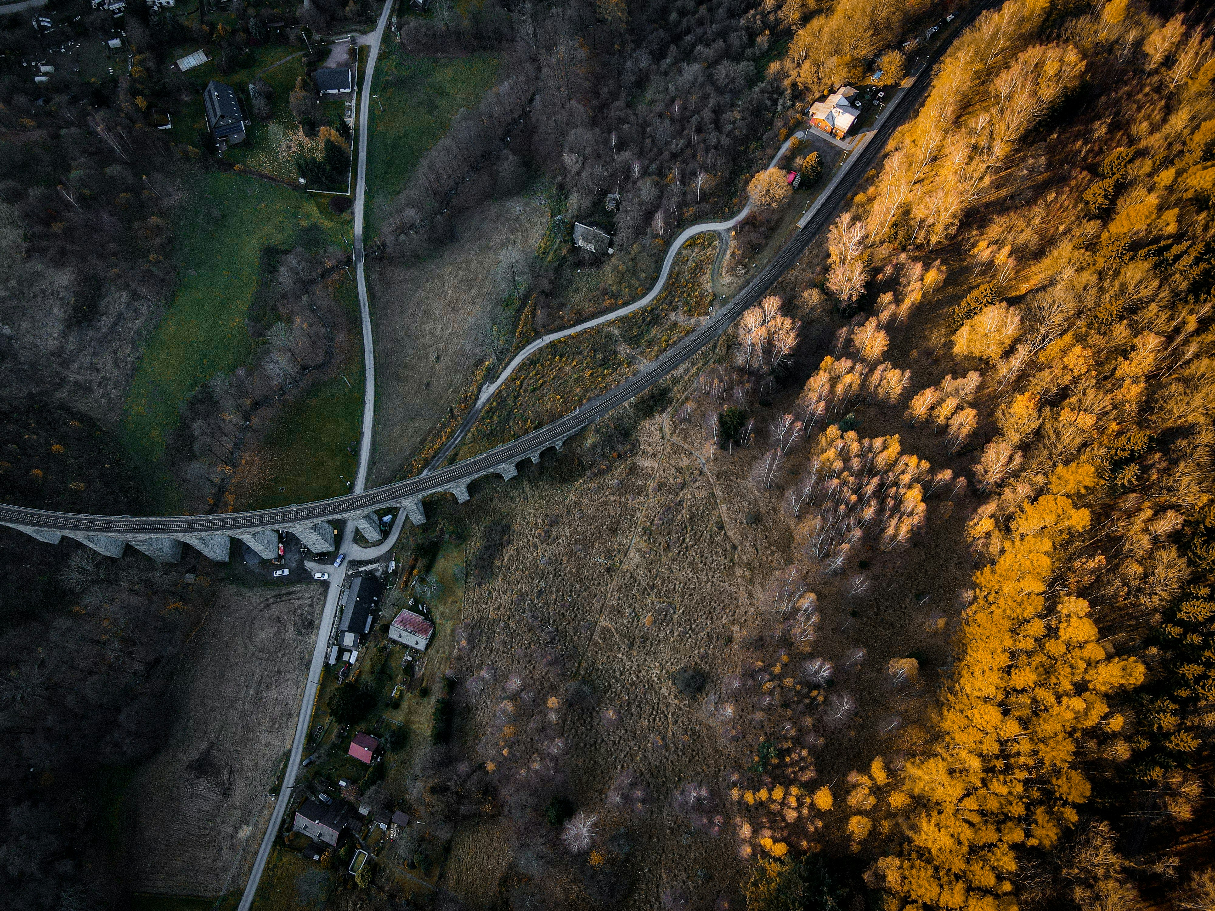 Aerial view of a viaduct and autumn forest