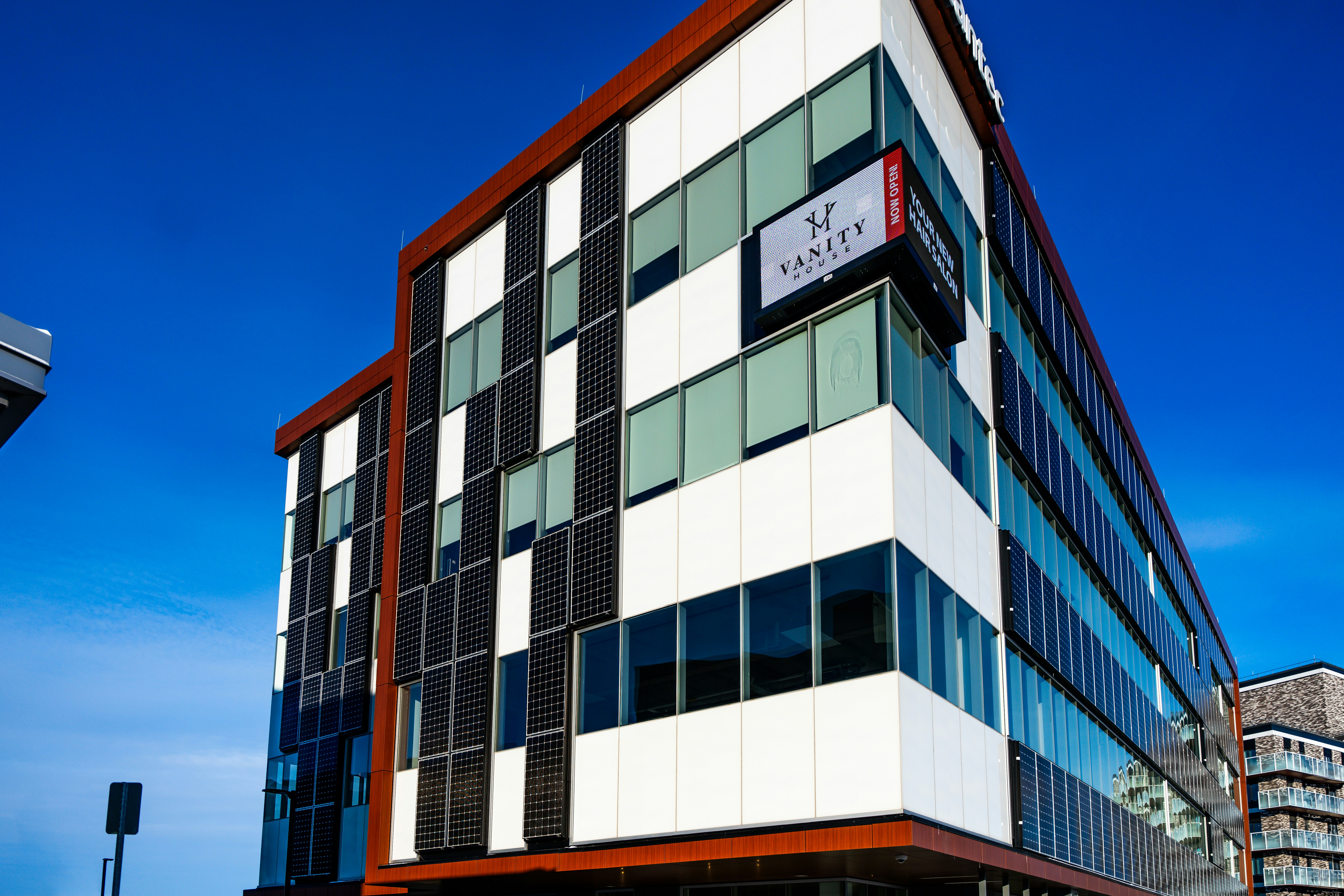 Modern office building with a geometric facade