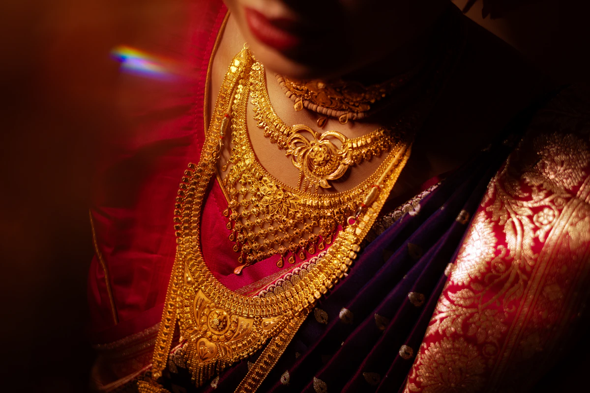 Indian bridal gold jewellery and traditional attire