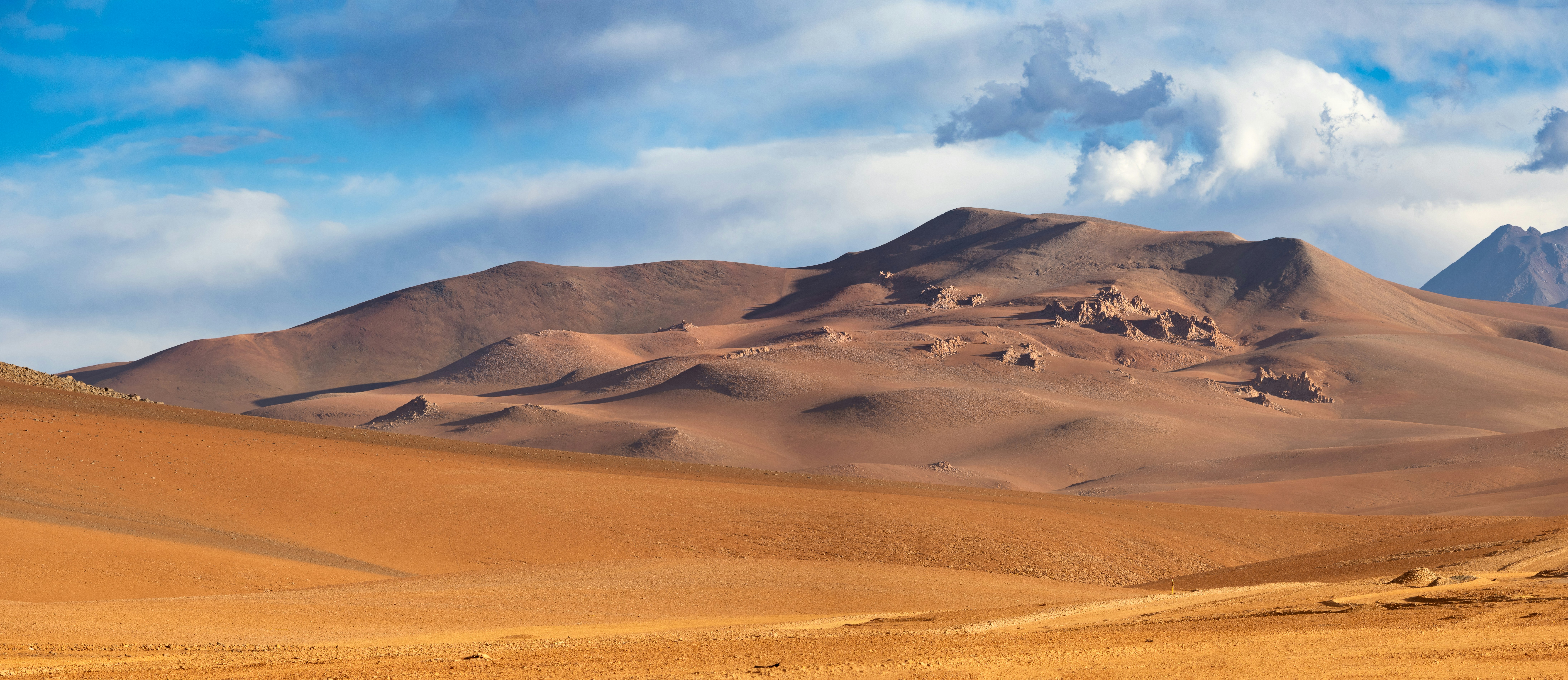 Vast desert landscape with rolling sand dunes and mountains.