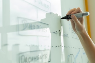 Hand drawing a diagram on a whiteboard.