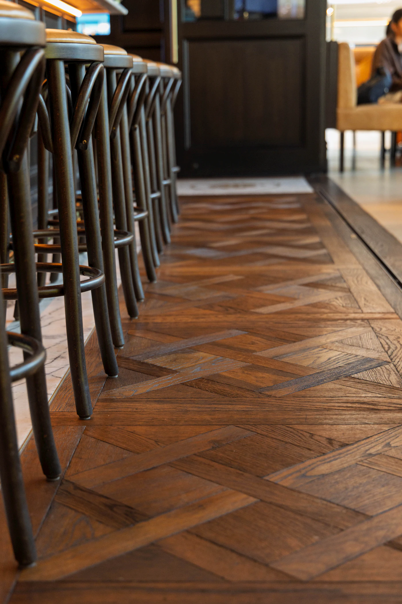 Bar stools + patterned wood