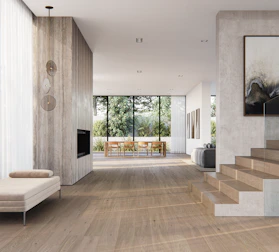 Modern living room with fireplace and large windows