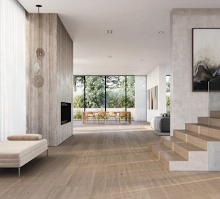 Modern living room with fireplace and large windows