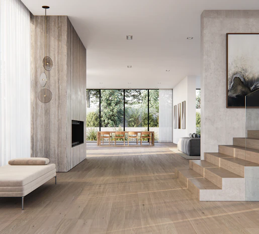 Modern living room with fireplace and large windows