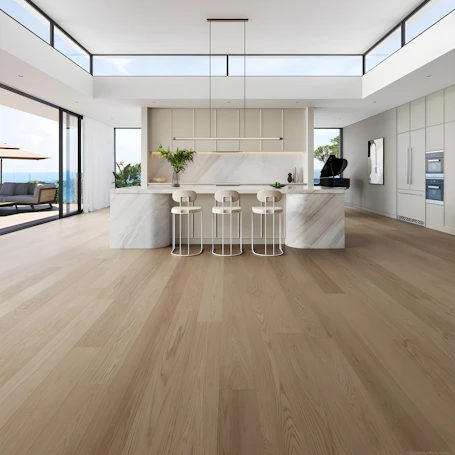 Modern kitchen with island and ocean view