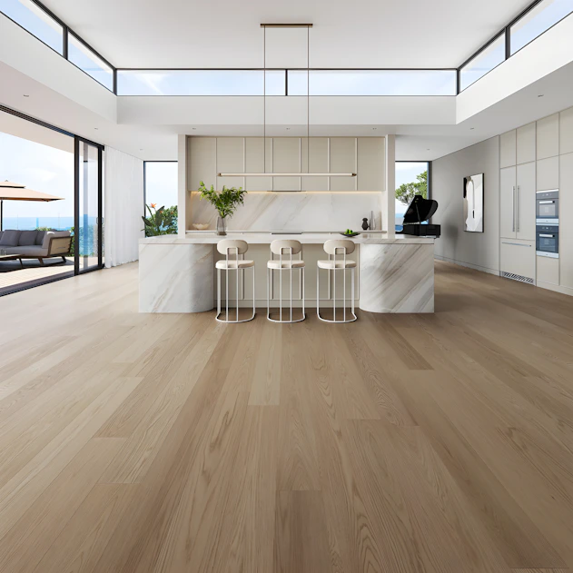 Modern kitchen with island and ocean view