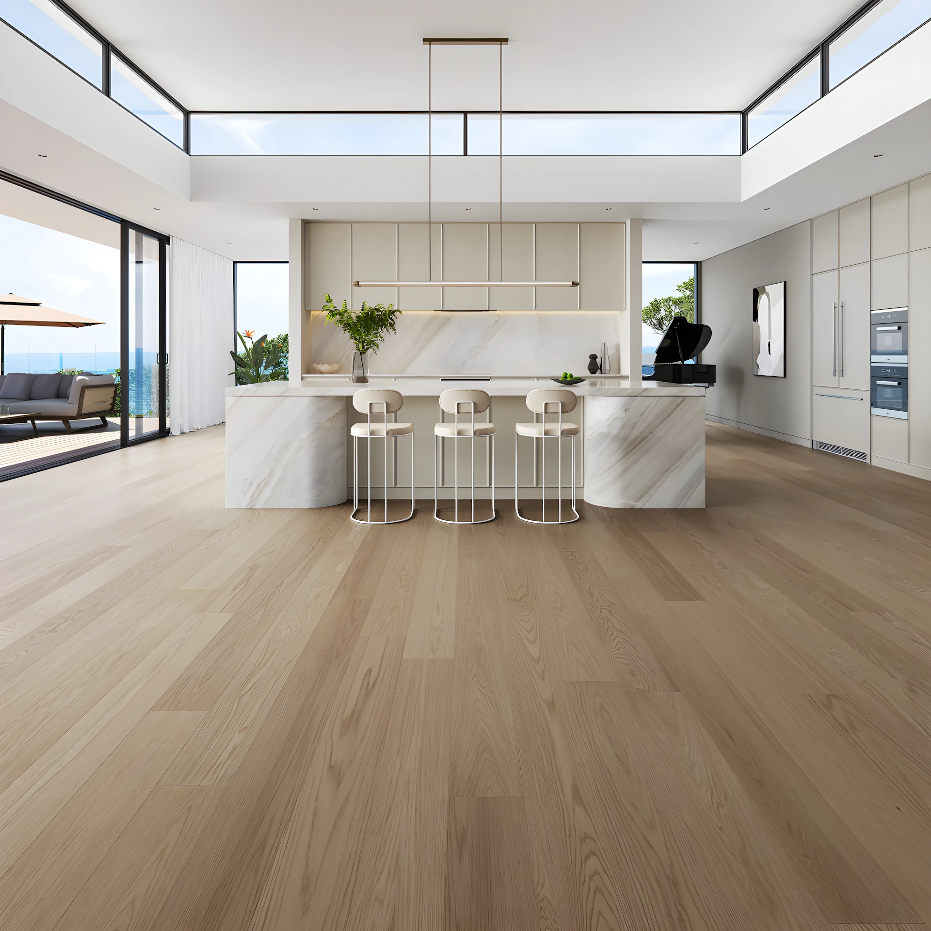 Modern kitchen with island and ocean view