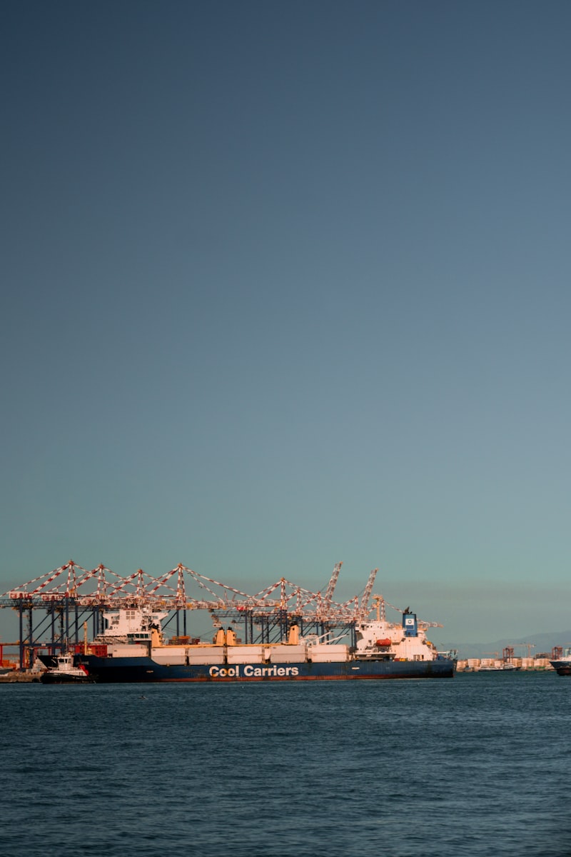 Cargo ship docked at port with cranes