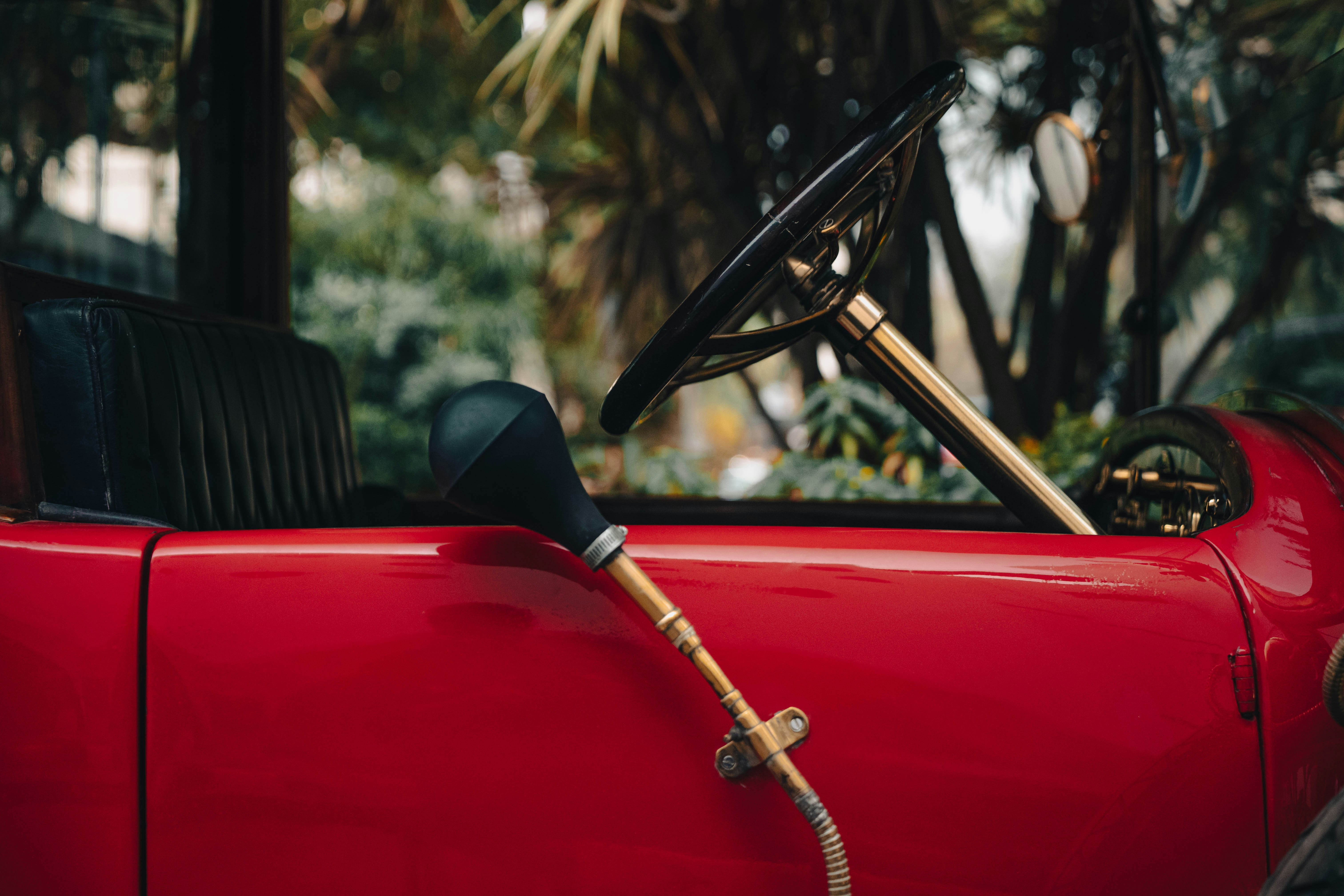 Close-up of a vintage red car interior