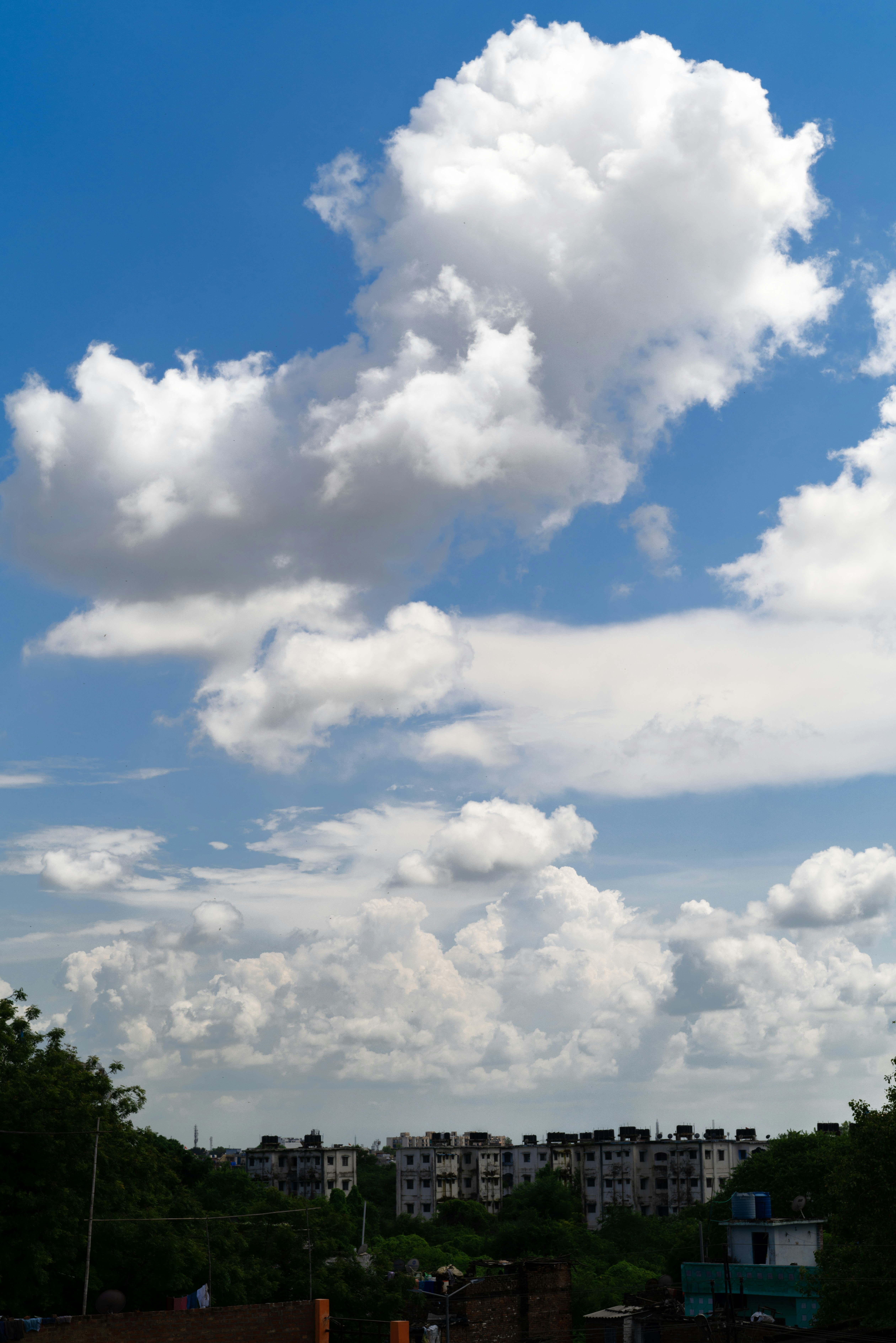 Fluffy white clouds drift across a bright blue sky.